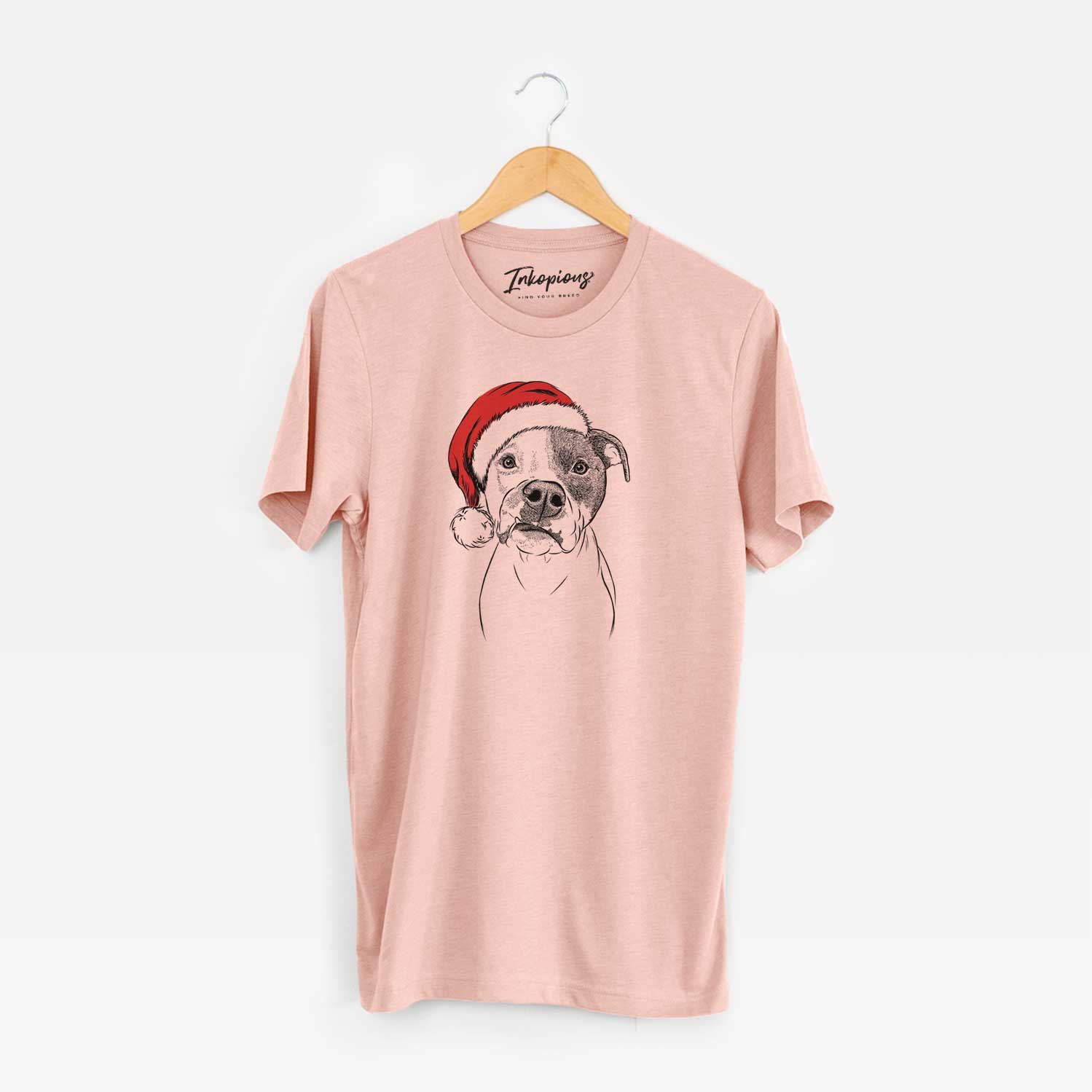 Hand-drawn sketch of Dexter the Pitbull wearing a Santa hat on a Peach Unisex crewneck
