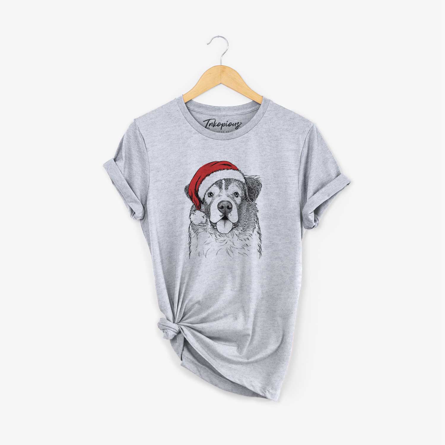 Hand-drawn sketch of Dilly the Saint Bernard wearing a Santa hat on a Grey Unisex crewneck