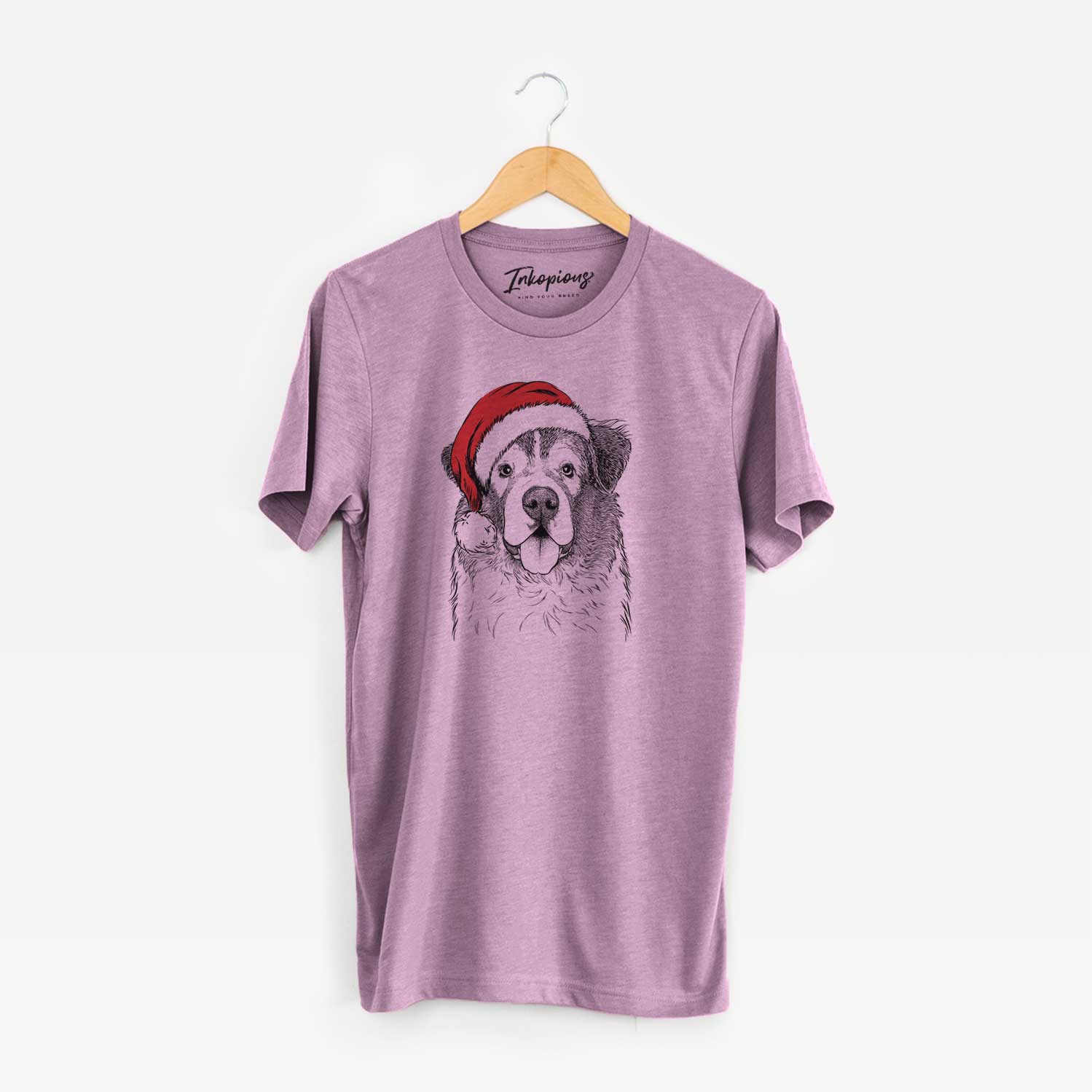Hand-drawn sketch of Dilly the Saint Bernard wearing a Santa hat on an Orchid Unisex crewneck
