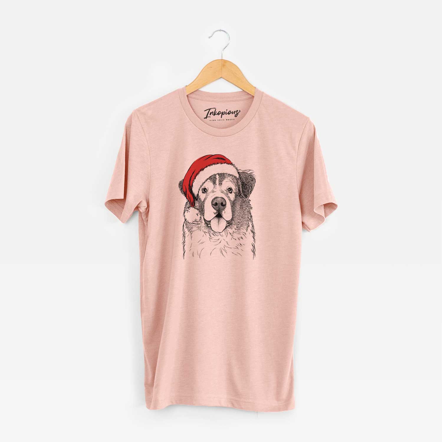 Hand-drawn sketch of Dilly the Saint Bernard wearing a Santa hat on a Peach Unisex crewneck