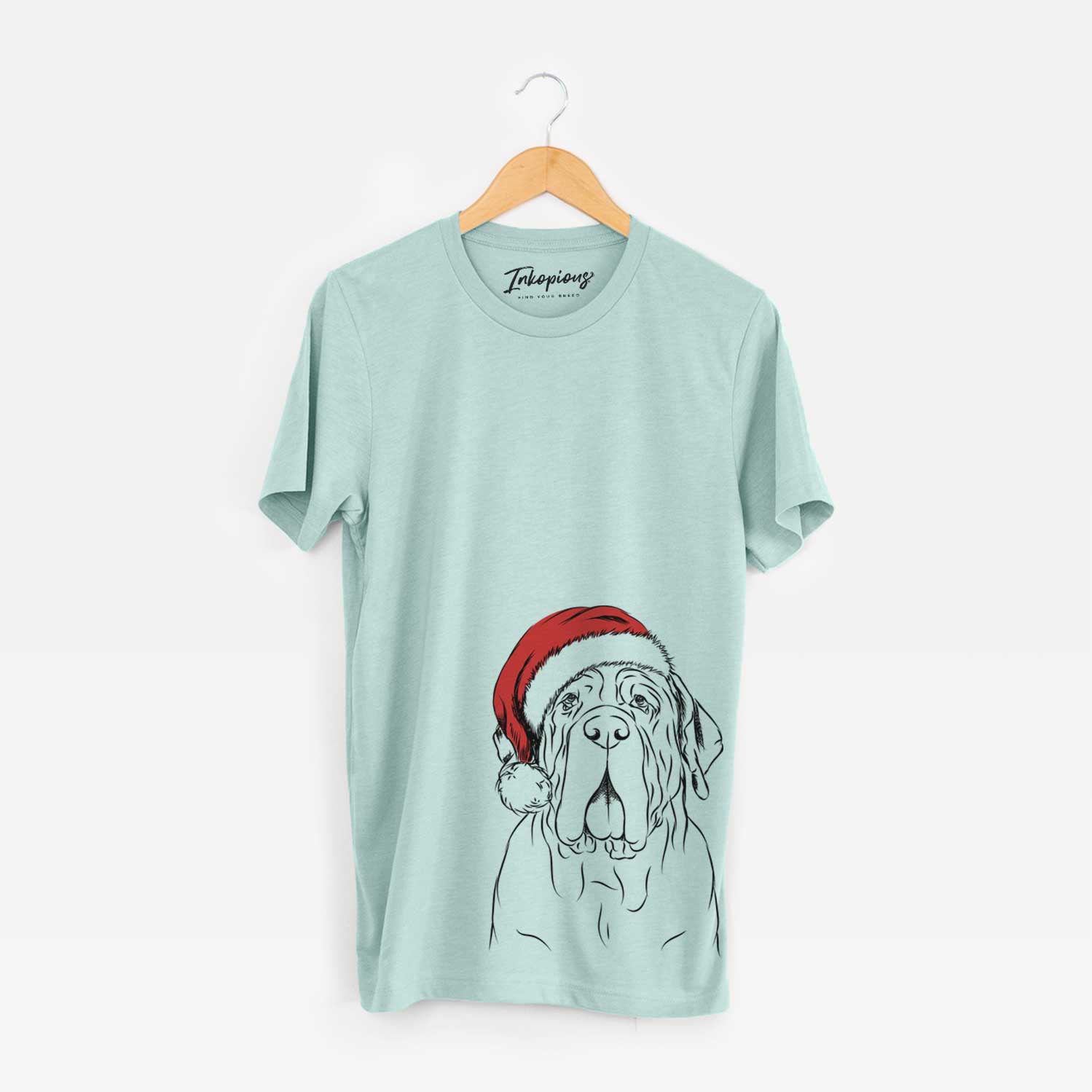 Hand-drawn sketch of Dinah the Neapolitan Mastiff wearing a Santa hat on a Heather Sage Unisex crewneck