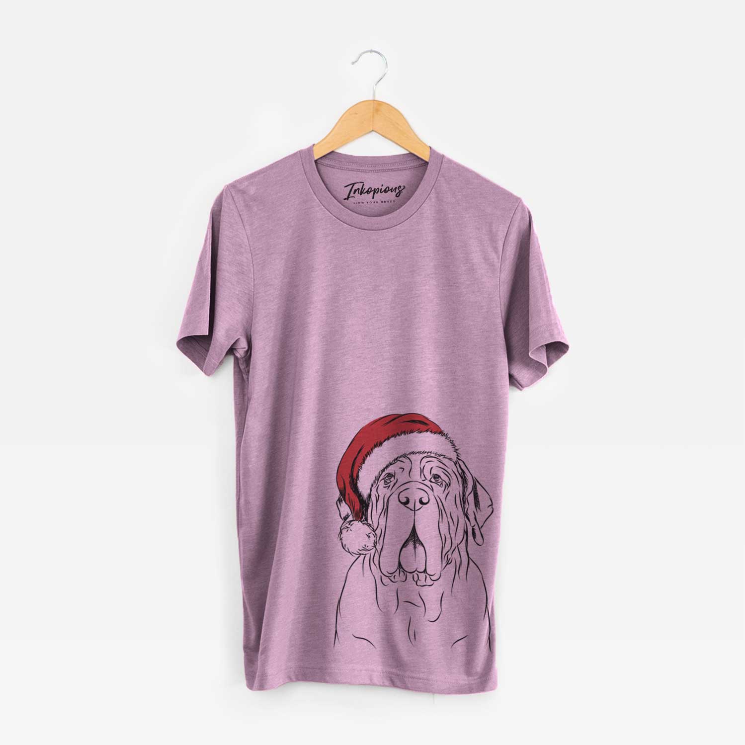 Hand-drawn sketch of Dinah the Neapolitan Mastiff wearing a Santa hat on an Orchid Unisex crewneck