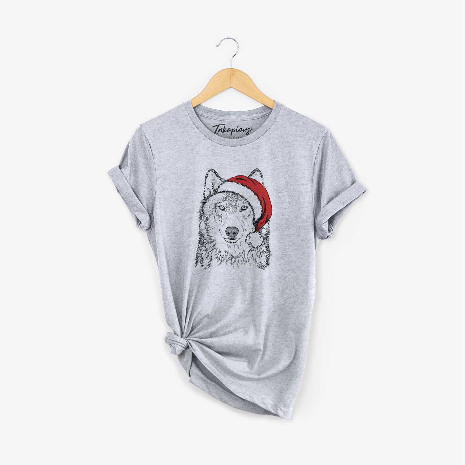 Hand-drawn sketch of Django the Grey Wolf wearing a Santa hat on an Unisex crewneck
