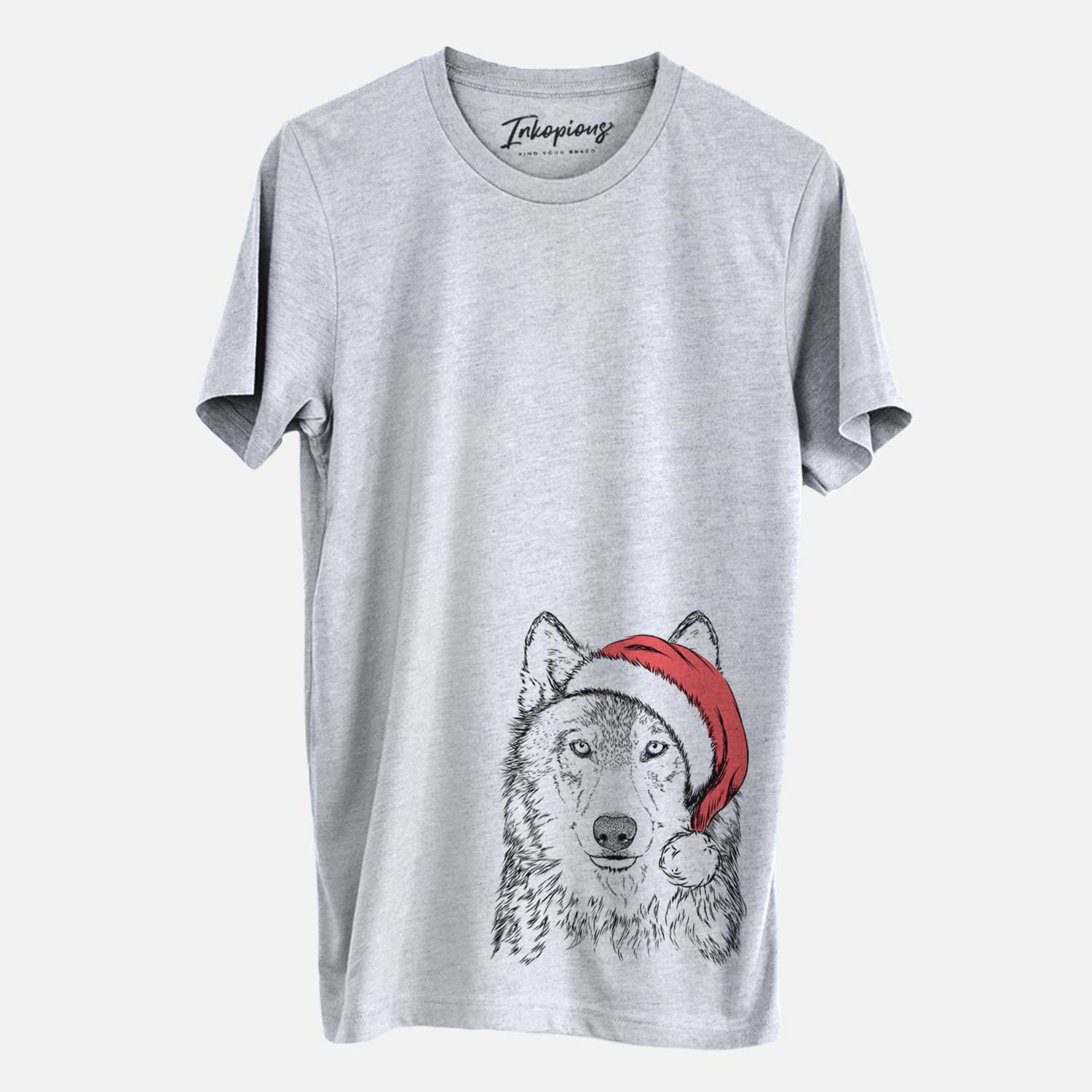 Hand-drawn sketch of Django the Grey Wolf wearing a Santa hat on an Unisex crewneck