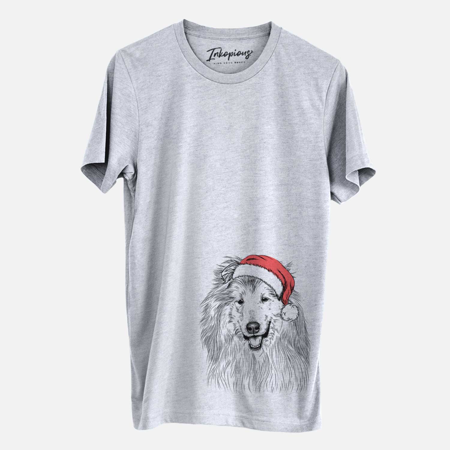 Hand-drawn sketch of Donnan the Rough Collie wearing a Santa hat on a Grey Unisex crewneck