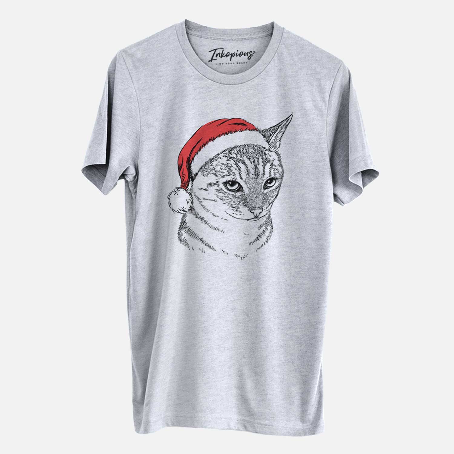 Hand-drawn sketch of Dora the Tabby Cat wearing a Santa hat on a Grey Unisex crewneck