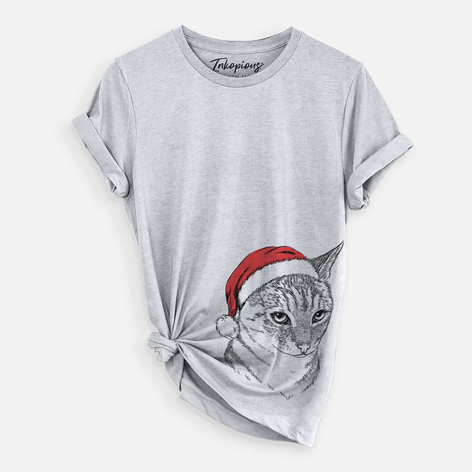 Hand-drawn sketch of Dora the Tabby Cat wearing a Santa hat on a Grey Unisex crewneck