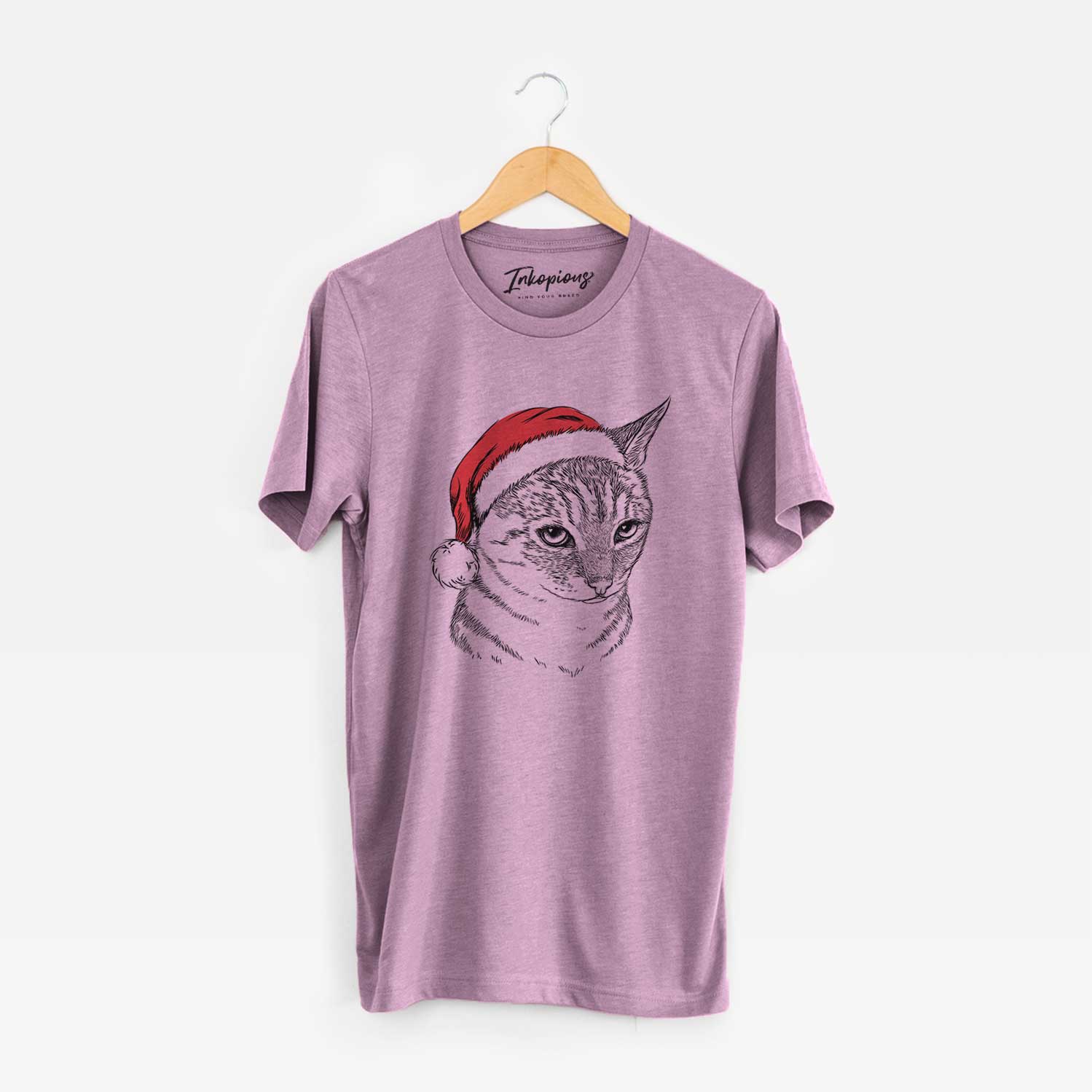 Hand-drawn sketch of Dora the Tabby Cat wearing a Santa hat on an Orchid Unisex crewneck