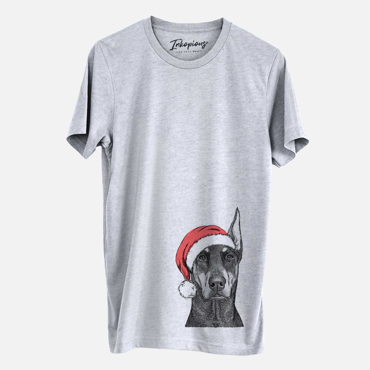 Hand-drawn sketch of Drake the Doberman Pinscher wearing a Santa hat on a Grey Unisex crewneck