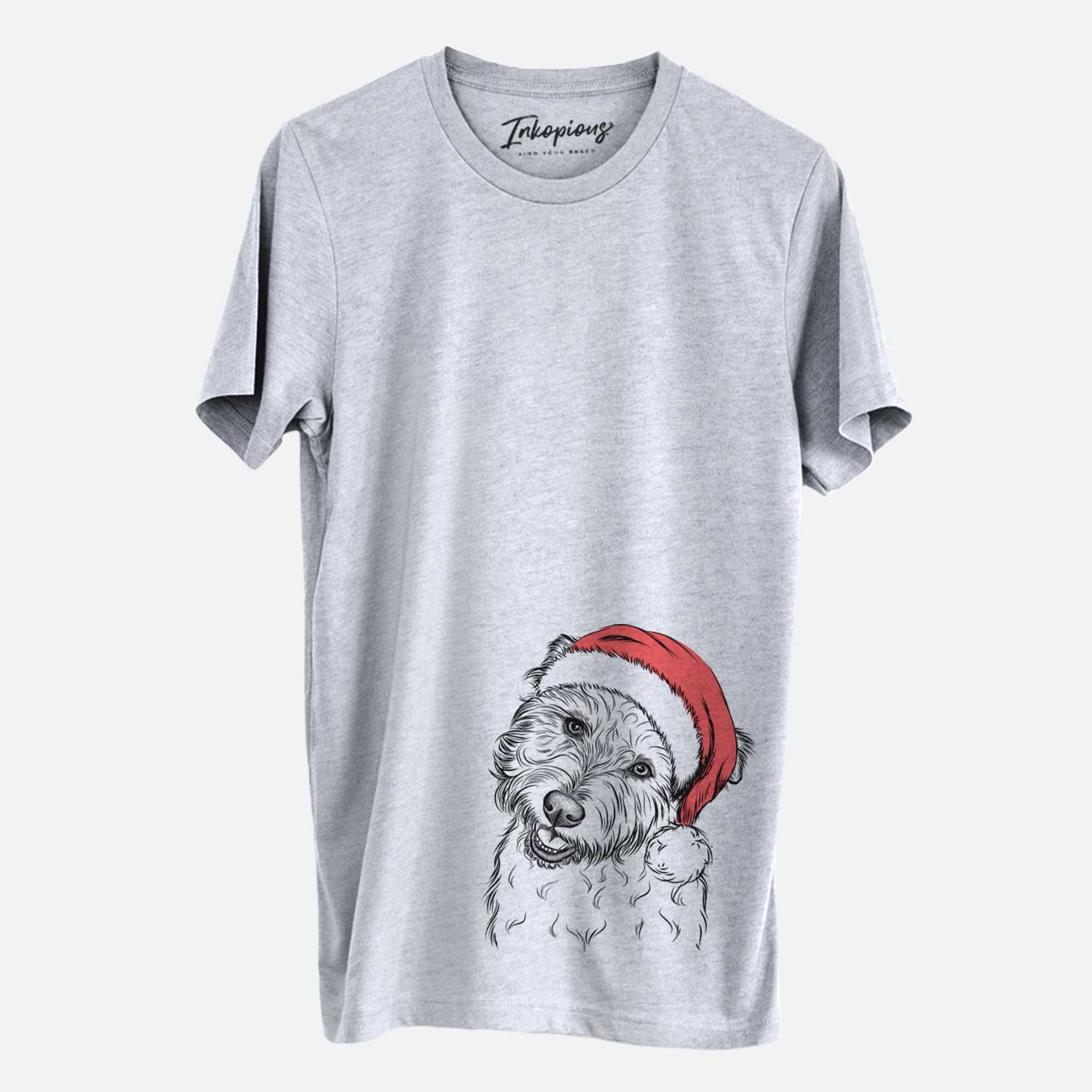 Hand-drawn sketch of Duffy the Glen of Imaal Terrier wearing a Santa hat on a Grey Unisex crewneck