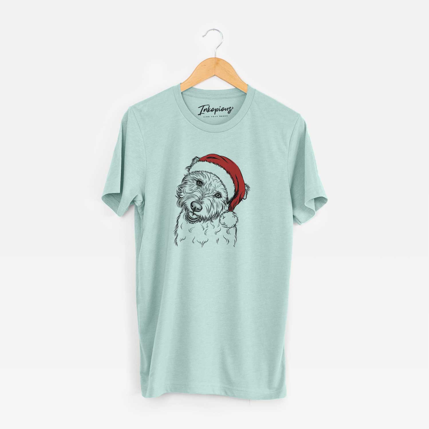 Hand-drawn sketch of Duffy the Glen of Imaal Terrier wearing a Santa hat on a Heather Sage Unisex crewneck