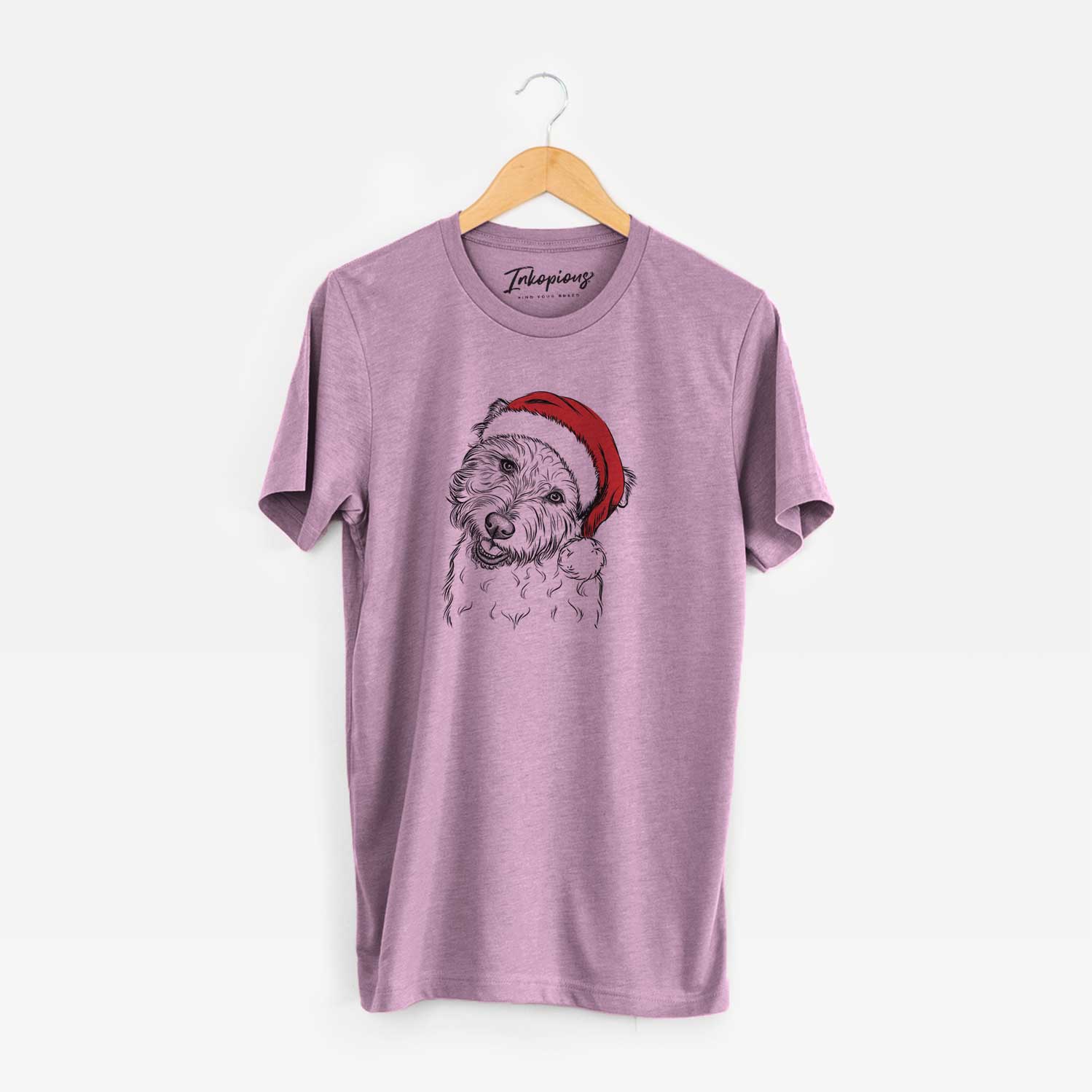 Hand-drawn sketch of Duffy the Glen of Imaal Terrier wearing a Santa hat on an Orchid Unisex crewneck