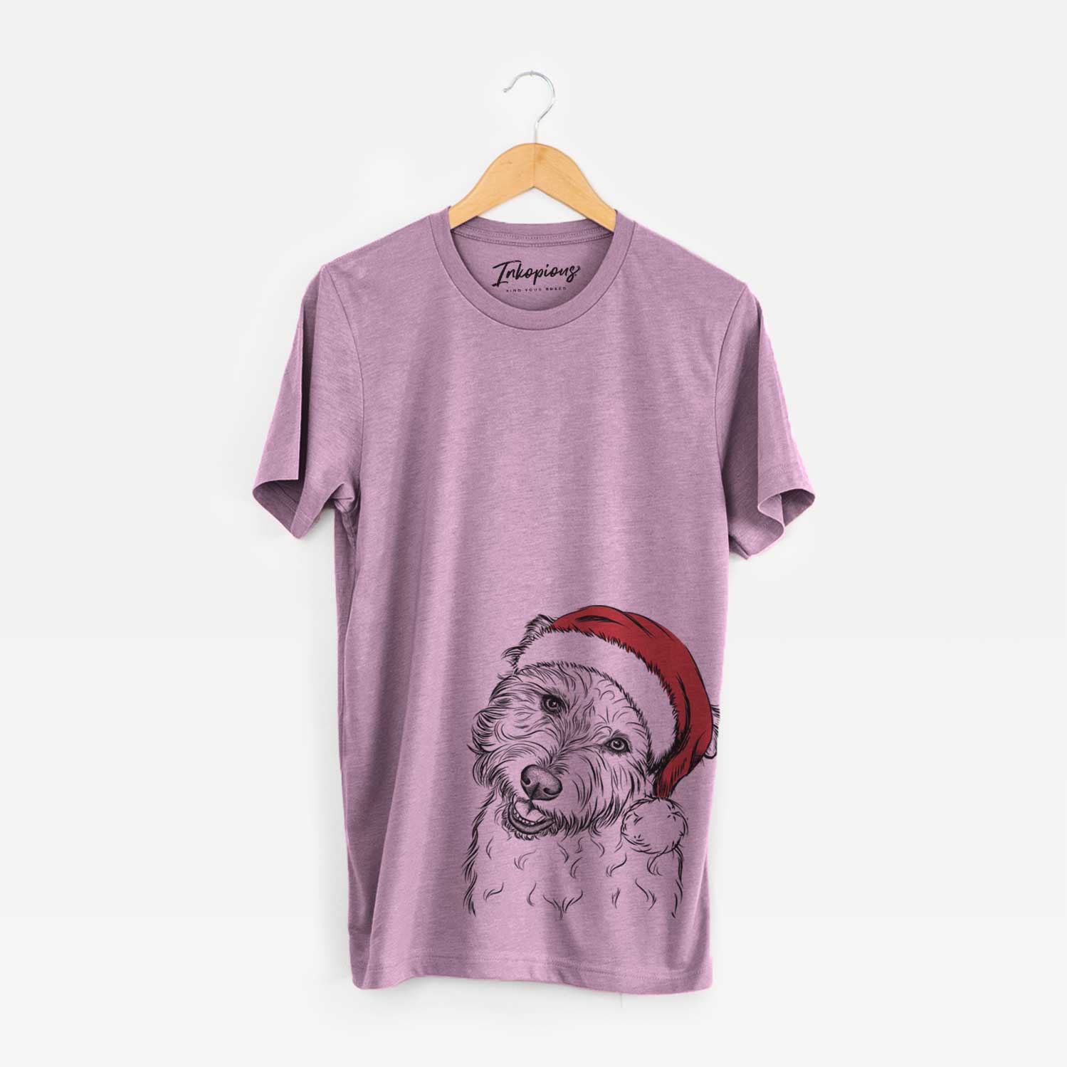 Hand-drawn sketch of Duffy the Glen of Imaal Terrier wearing a Santa hat on an Orchid Unisex crewneck