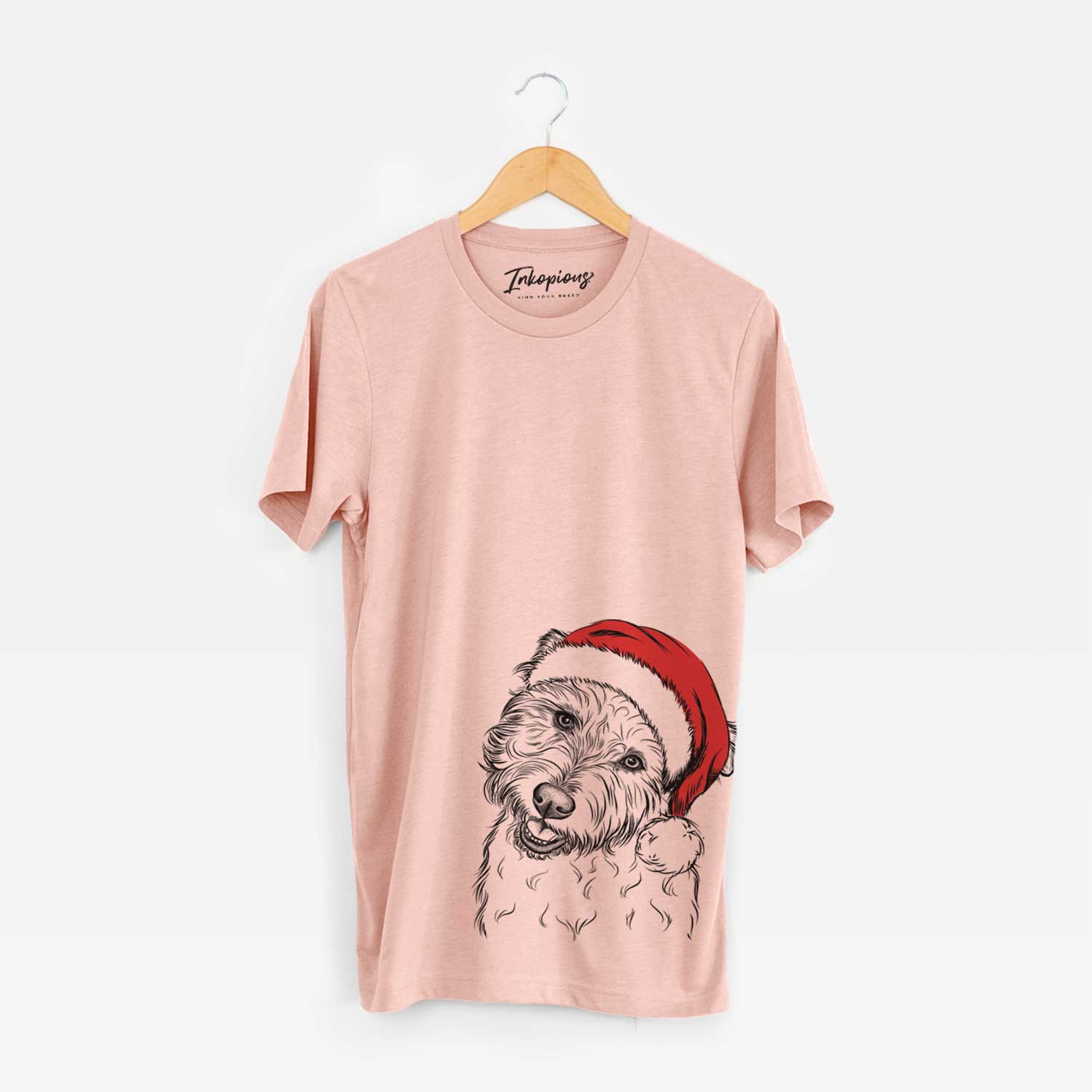 Hand-drawn sketch of Duffy the Glen of Imaal Terrier wearing a Santa hat on a Peach Unisex crewneck