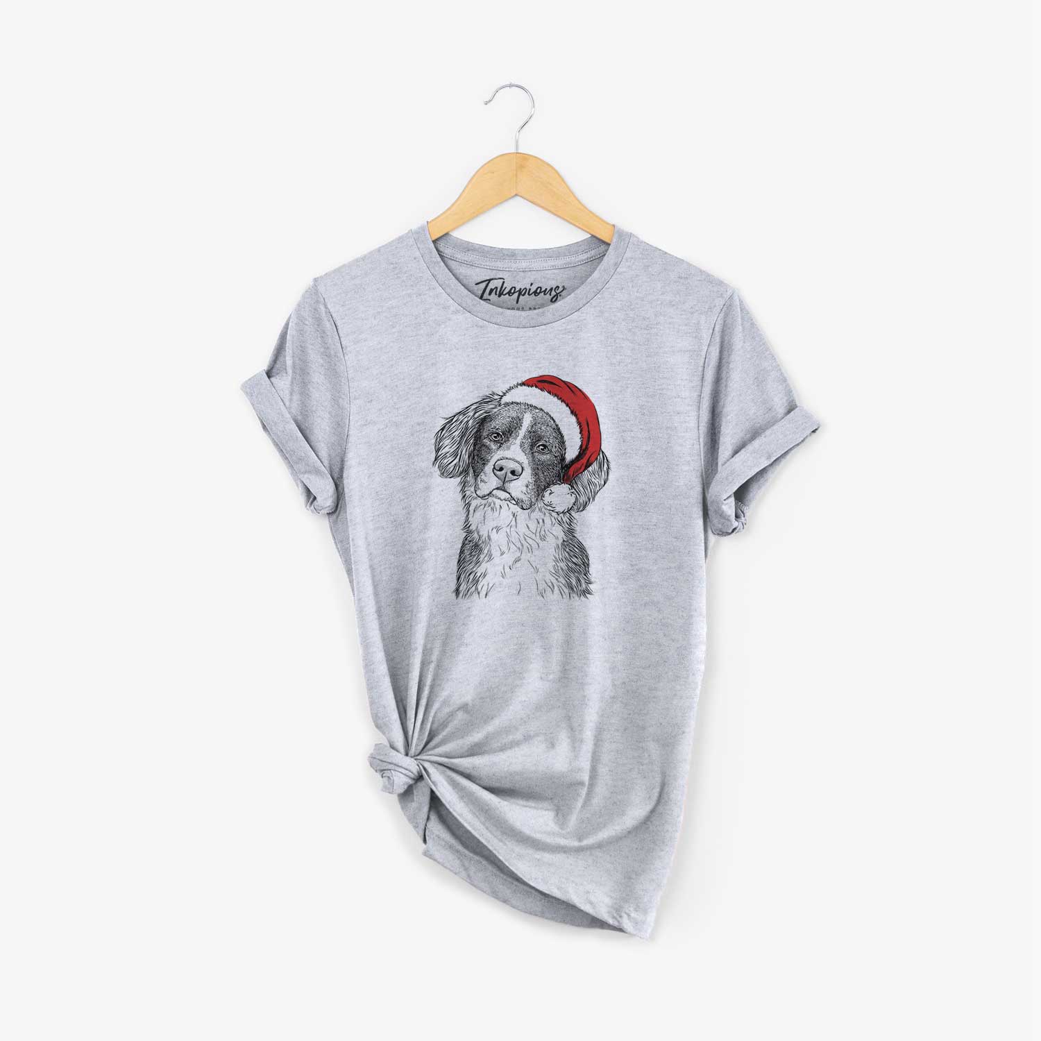 Hand-drawn sketch of Dulce the Drentsche Patrijshond wearing a Santa hat on a Grey Unisex crewneck