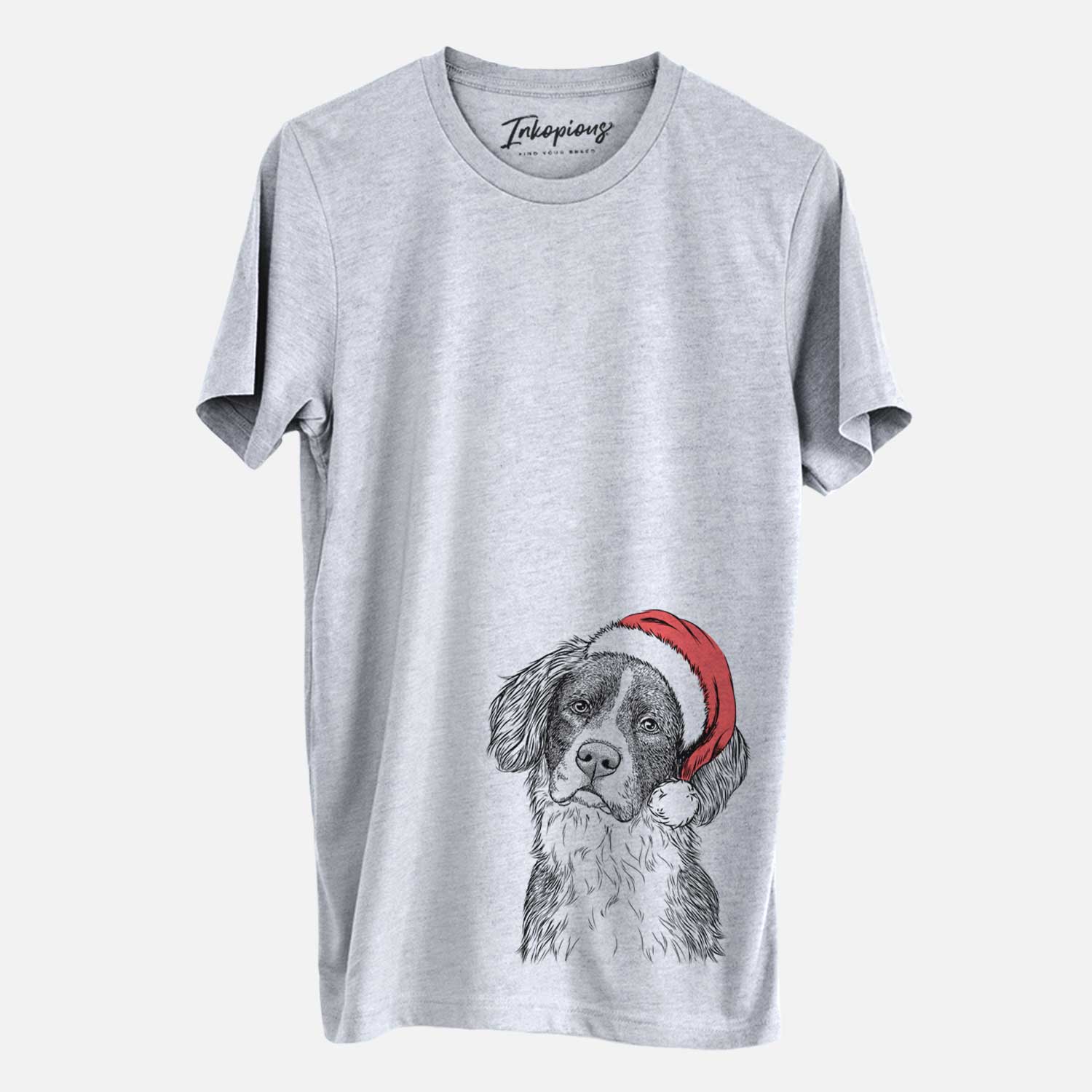 Hand-drawn sketch of Dulce the Drentsche Patrijshond wearing a Santa hat on a Grey Unisex crewneck