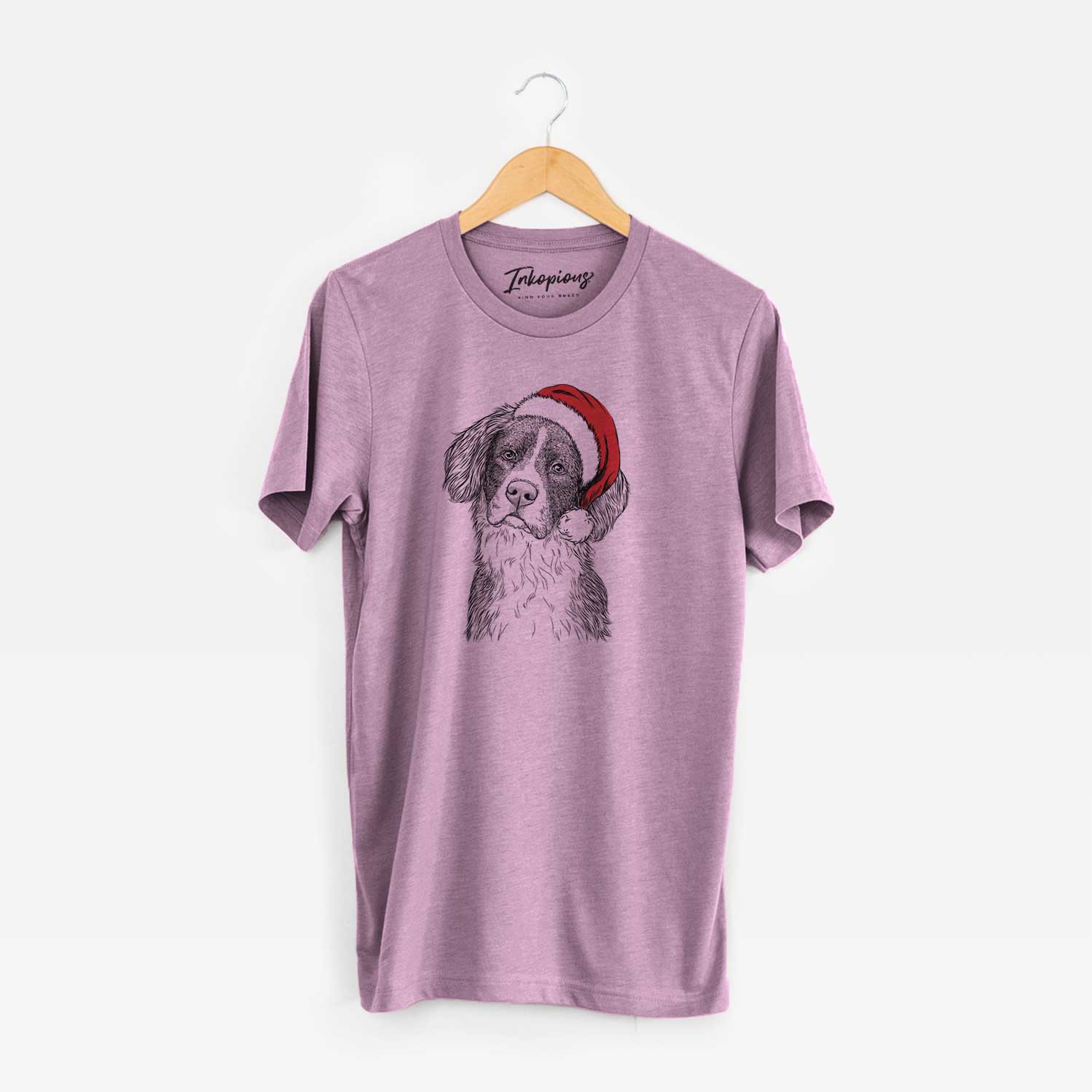 Hand-drawn sketch of Dulce the Drentsche Patrijshond wearing a Santa hat on an Orchid Unisex crewneck