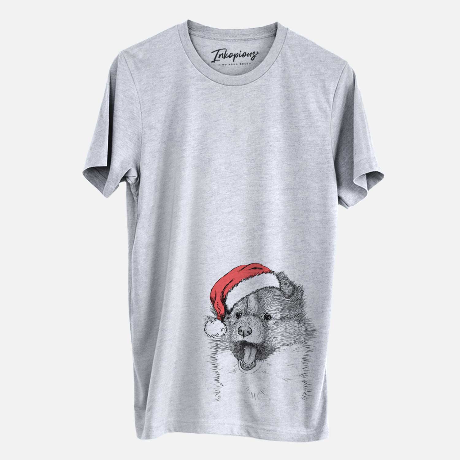 Hand-drawn sketch of Dylan the Shetland Sheepdog wearing a Santa hat on a Grey Unisex crewneck