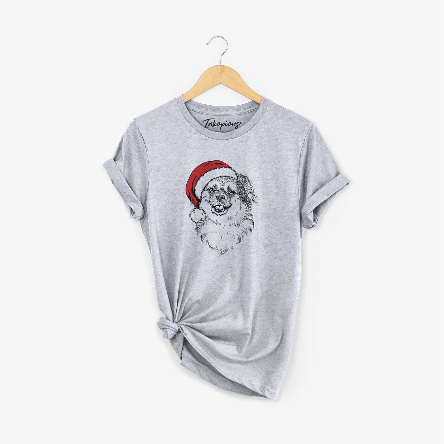 Hand-drawn sketch of Ed the Tibetan Spaniel wearing a Santa hat on a Grey Unisex crewneck