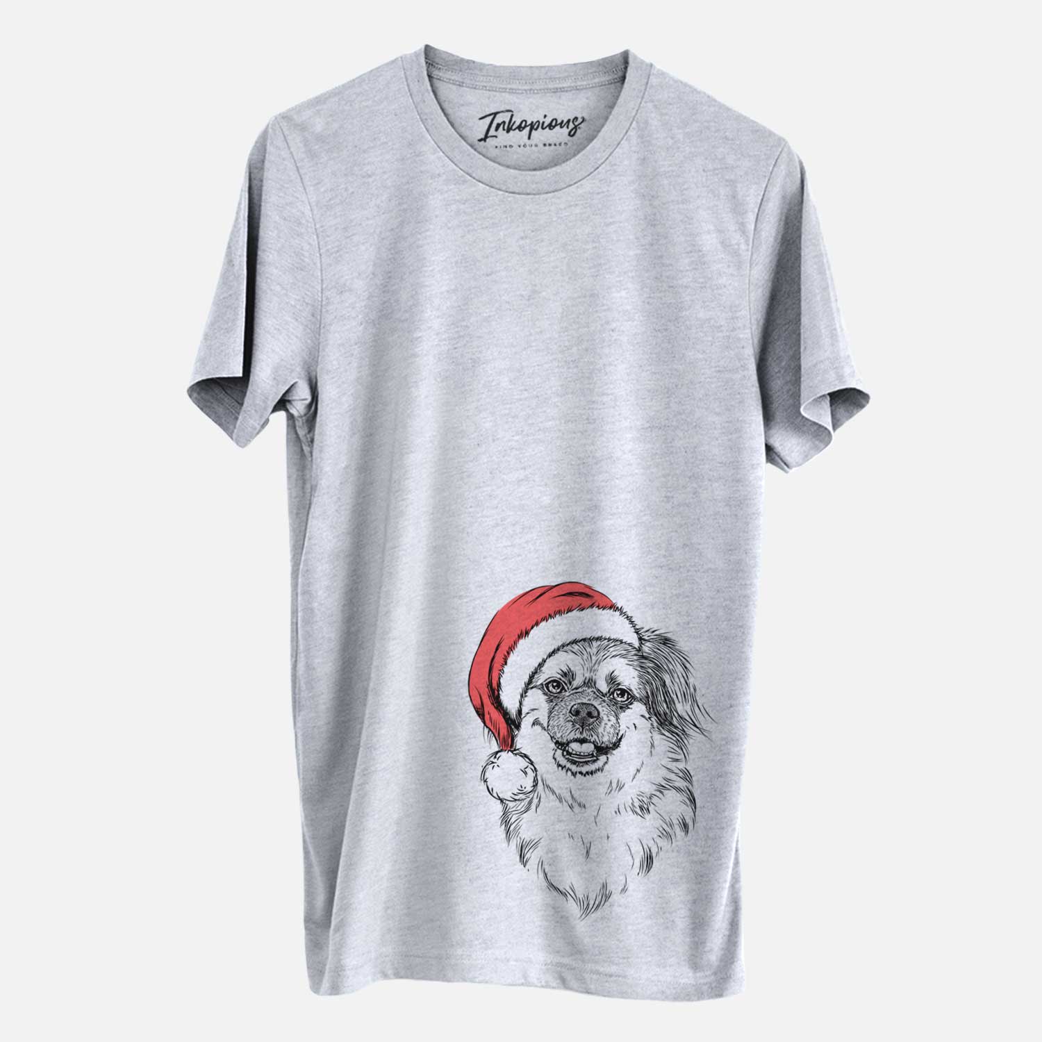 Hand-drawn sketch of Ed the Tibetan Spaniel wearing a Santa hat on a Grey Unisex crewneck