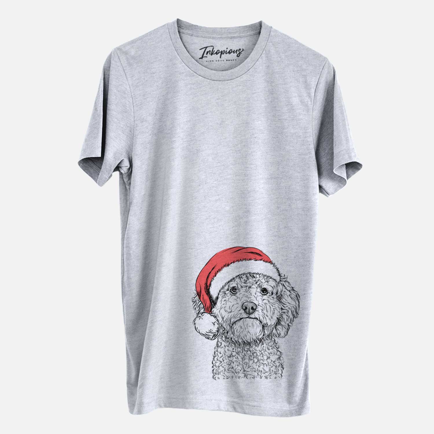 Hand-drawn sketch of Edgar the Shihpoo wearing a Santa hat on a Grey Unisex crewneck