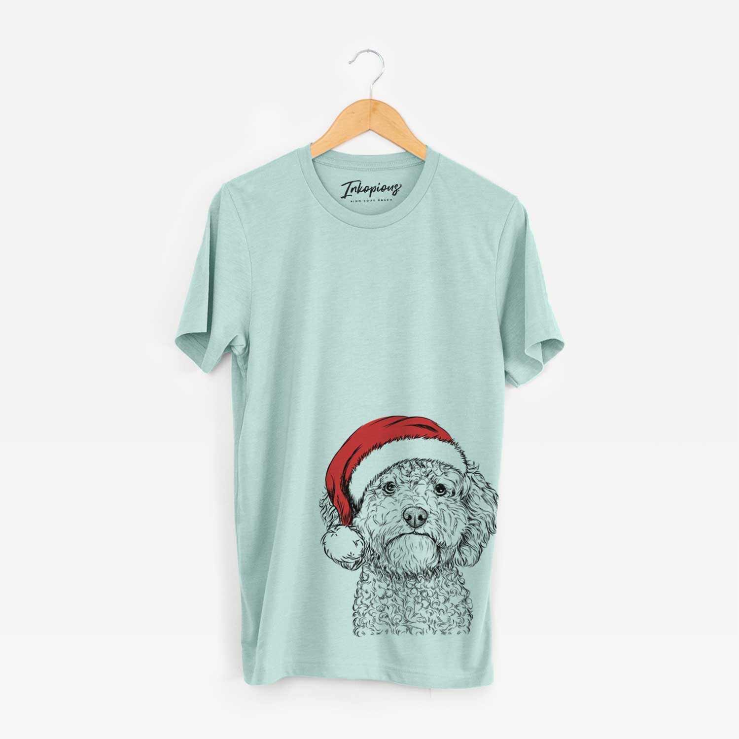 Hand-drawn sketch of Edgar the Shihpoo wearing a Santa hat on a Heather Sage Unisex crewneck