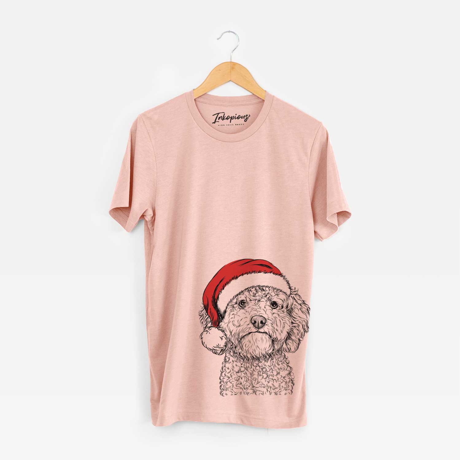 Hand-drawn sketch of Edgar the Shihpoo wearing a Santa hat on a Peach Unisex crewneck