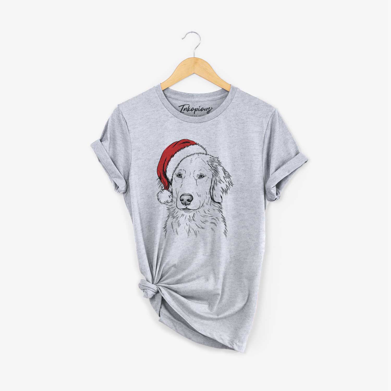 Hand-drawn sketch of Eli the Golden Retriever wearing a Santa hat on a Grey Unisex crewneck