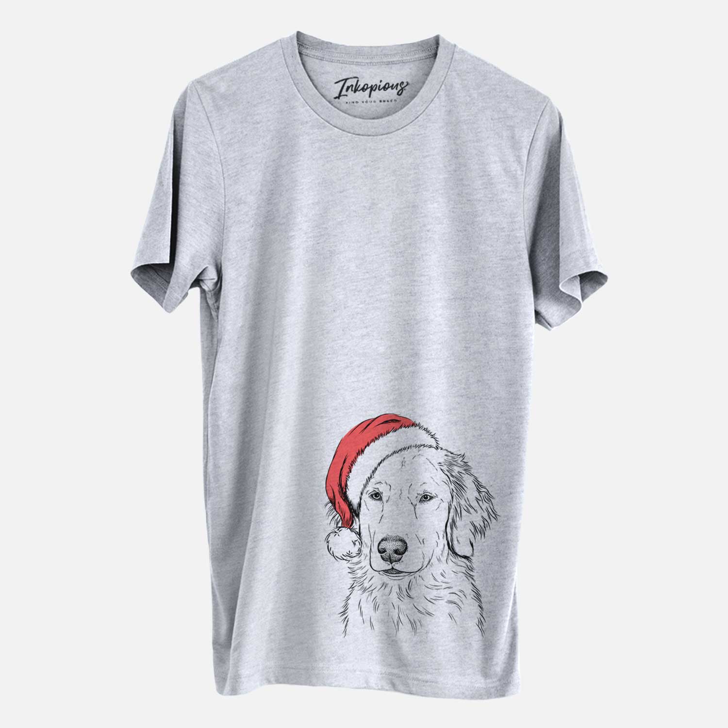 Hand-drawn sketch of Eli the Golden Retriever wearing a Santa hat on a Grey Unisex crewneck