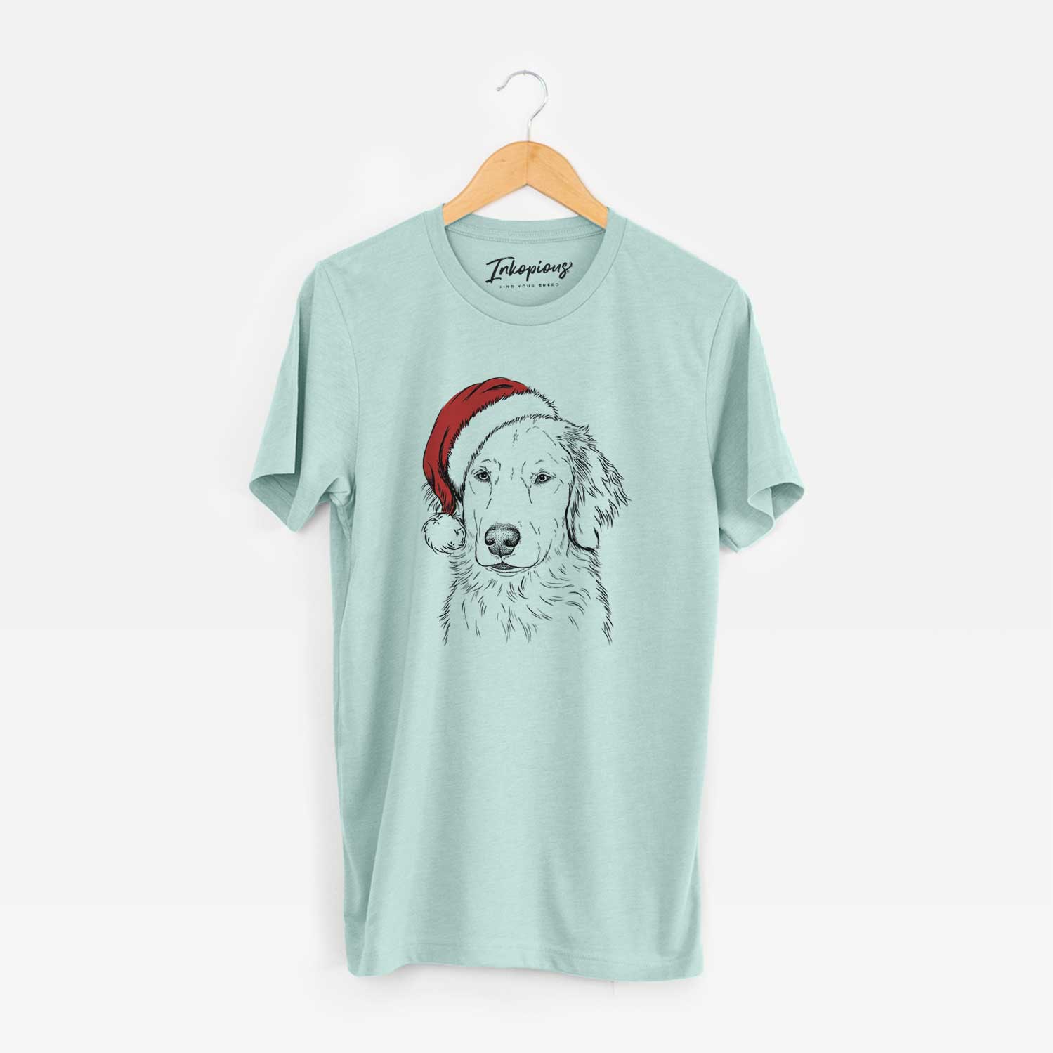 Hand-drawn sketch of Eli the Golden Retriever wearing a Santa hat on a Heather Sage Unisex crewneck