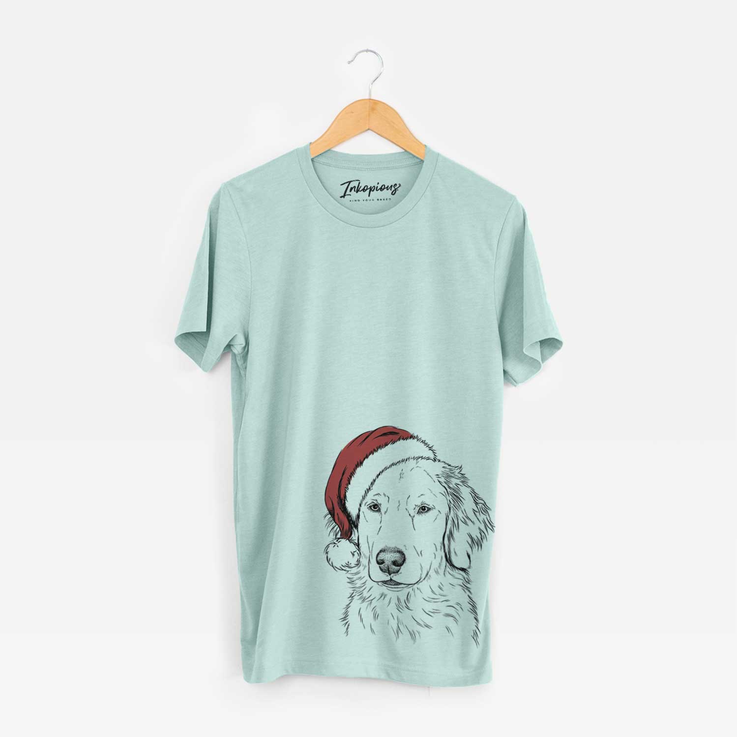 Hand-drawn sketch of Eli the Golden Retriever wearing a Santa hat on a Heather Sage Unisex crewneck