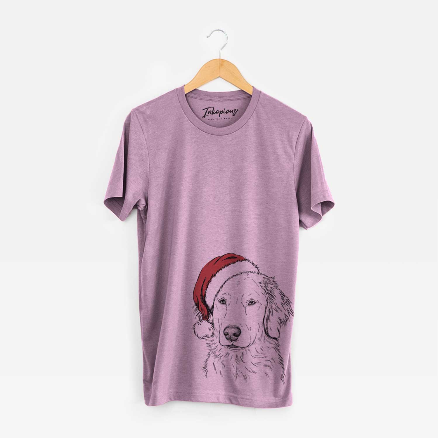 Hand-drawn sketch of Eli the Golden Retriever wearing a Santa hat on an Orchid Unisex crewneck