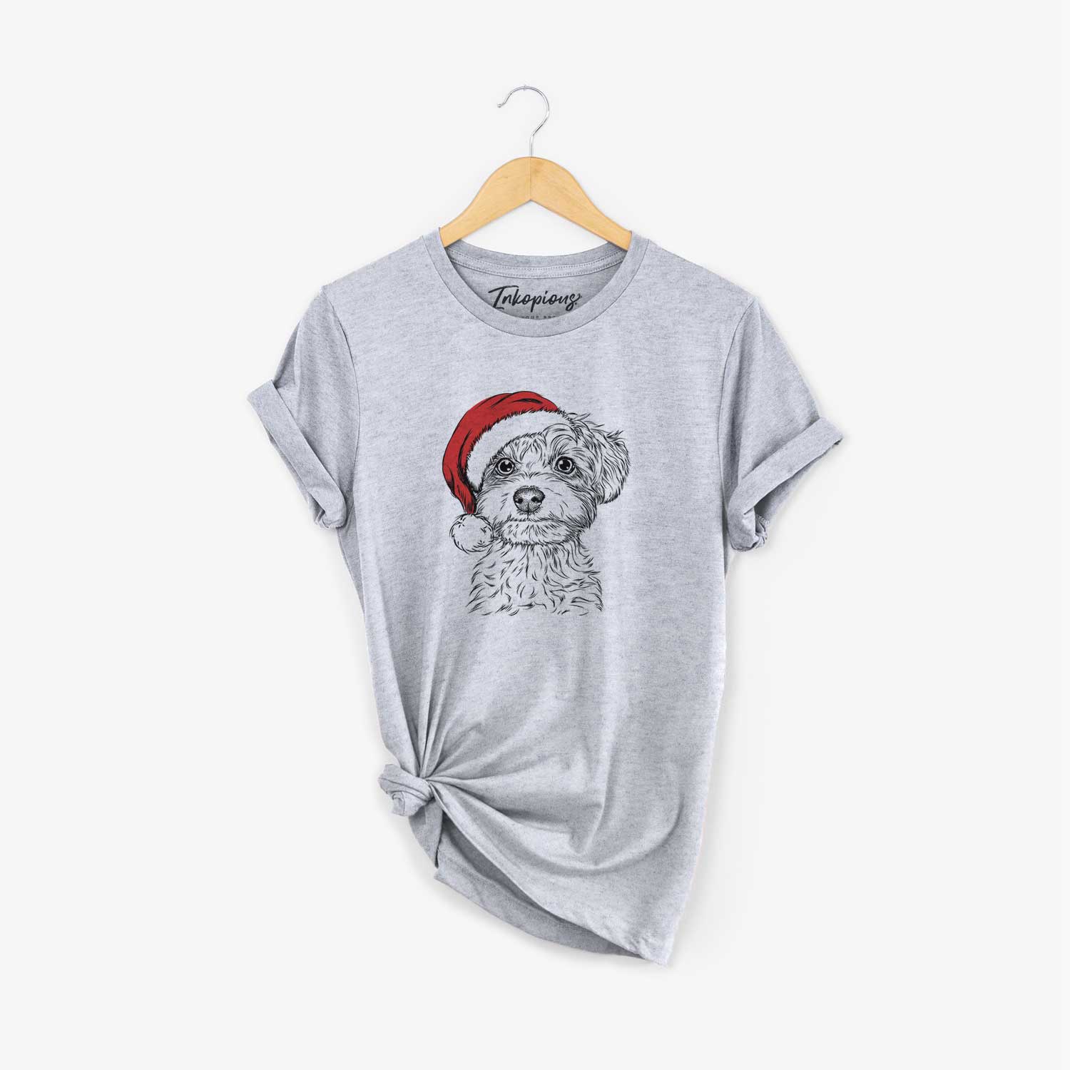 Hand-drawn sketch of Elliott the Yorkiepoo wearing a Santa hat on a Grey Unisex crewneck