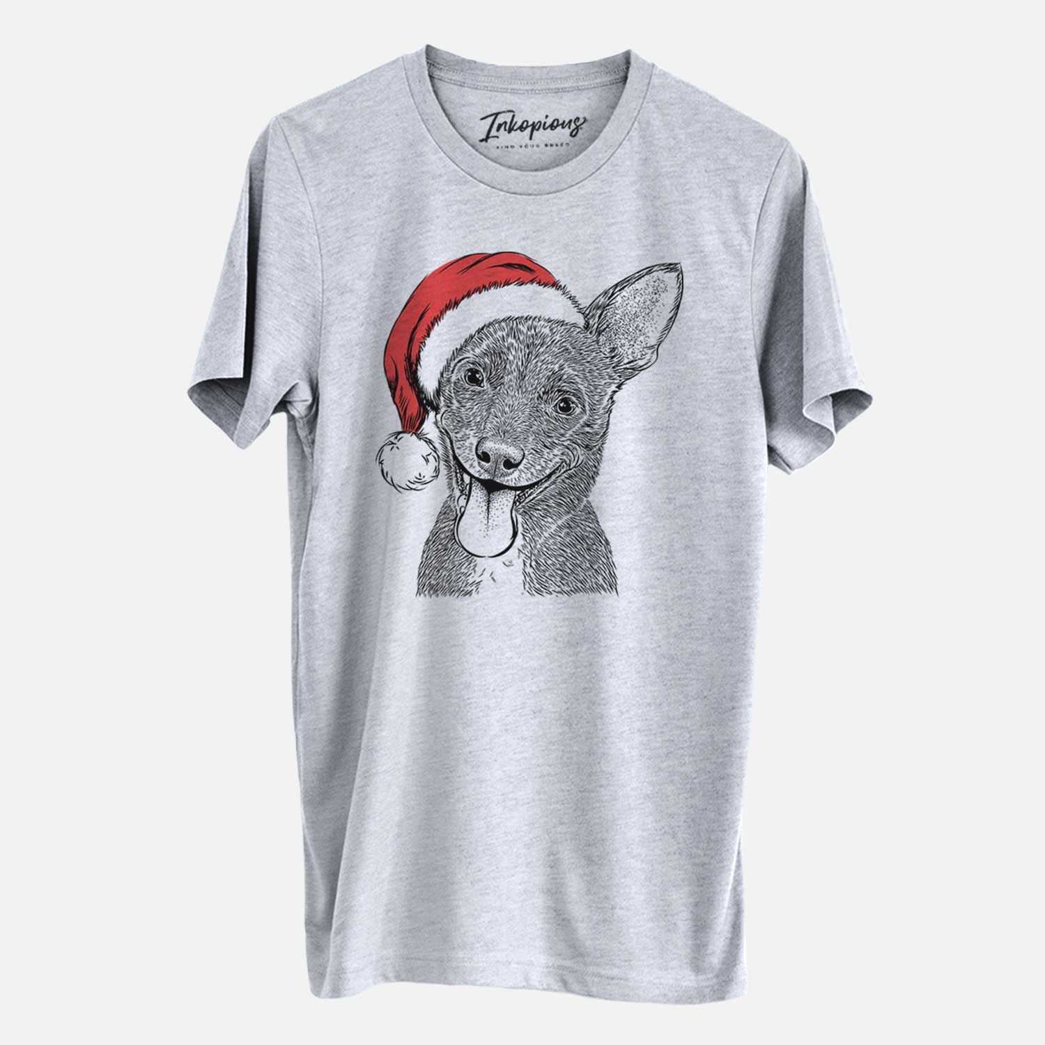 Hand-drawn sketch of Elvira the Terrier Mix wearing a Santa hat on a Grey Unisex crewneck