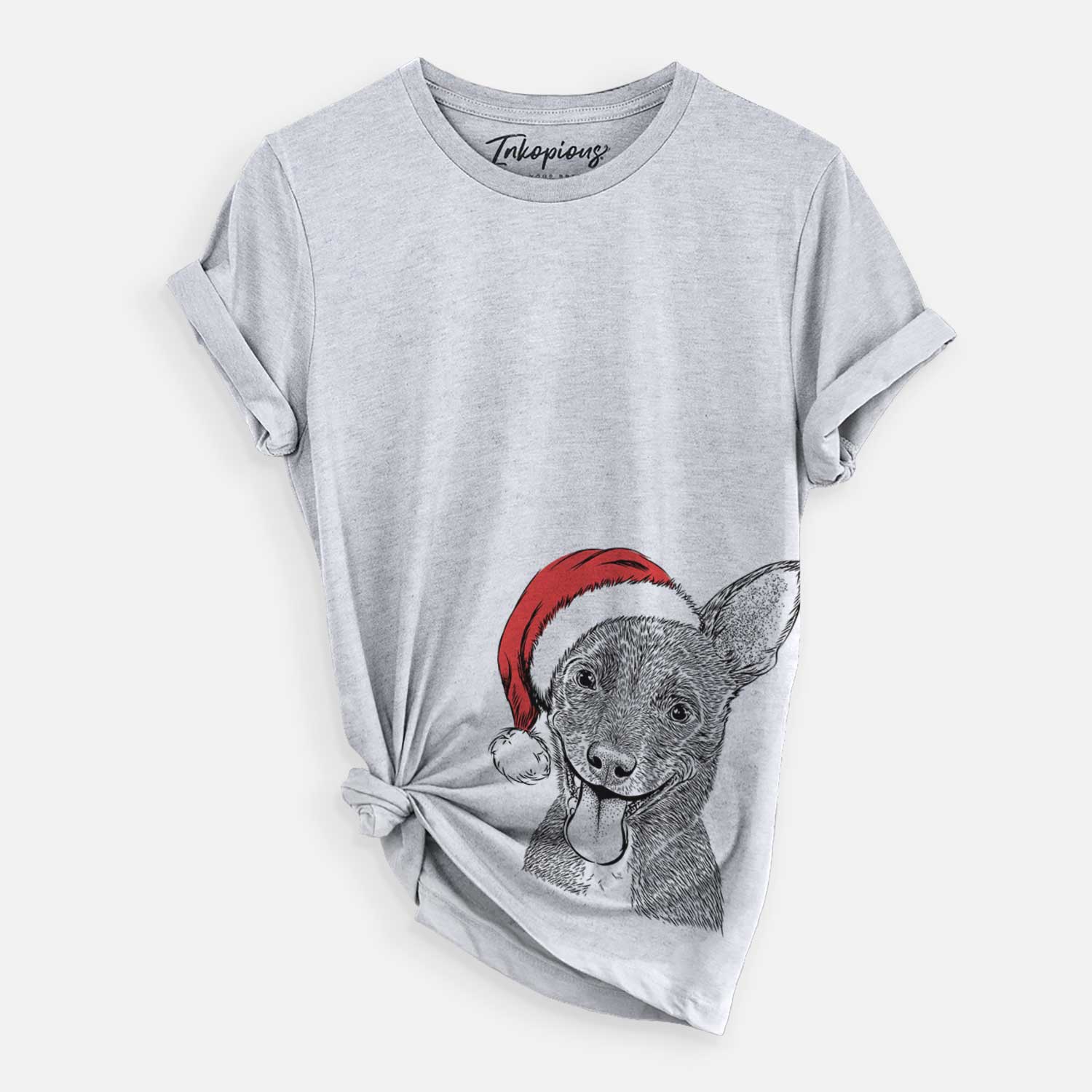 Hand-drawn sketch of Elvira the Terrier Mix wearing a Santa hat on a Grey Unisex crewneck