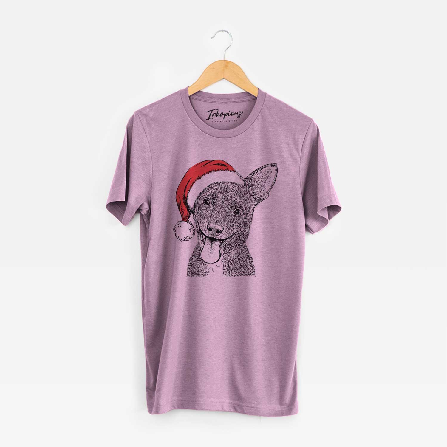 Hand-drawn sketch of Elvira the Terrier Mix wearing a Santa hat on an Orchid Unisex crewneck