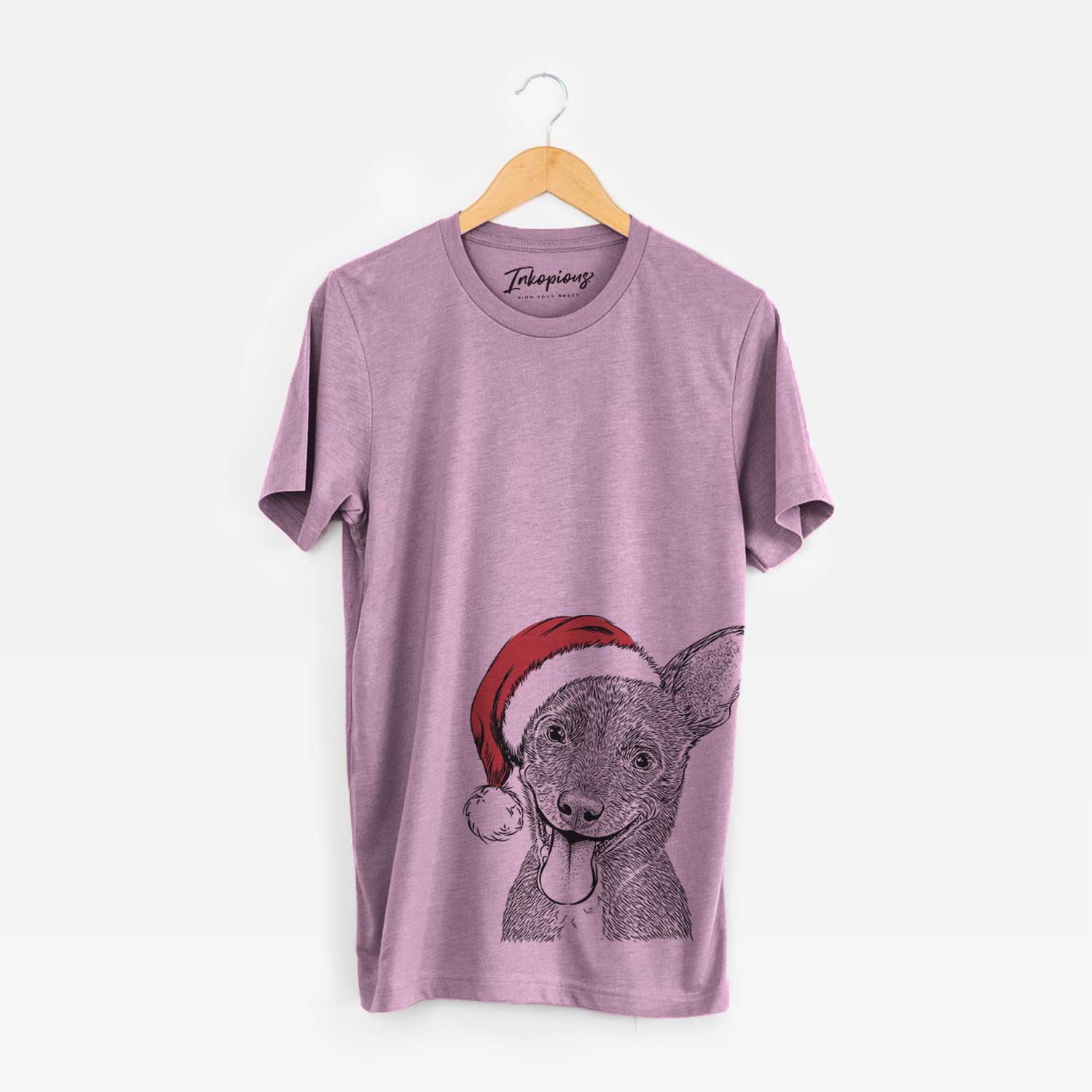 Hand-drawn sketch of Elvira the Terrier Mix wearing a Santa hat on an Orchid Unisex crewneck