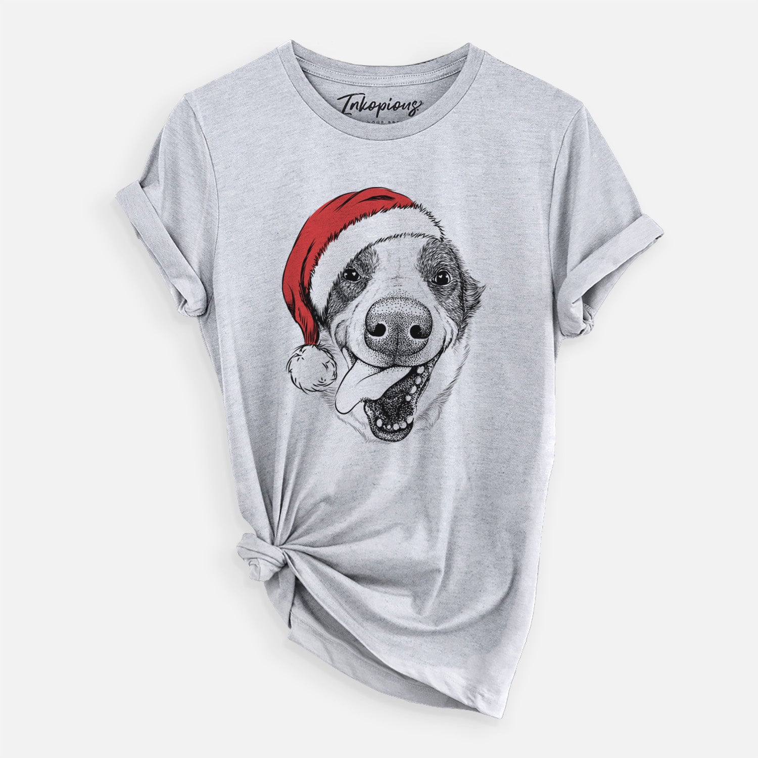 Hand-drawn sketch of Elwood the Border Collie wearing a Santa hat on a Grey Unisex crewneck