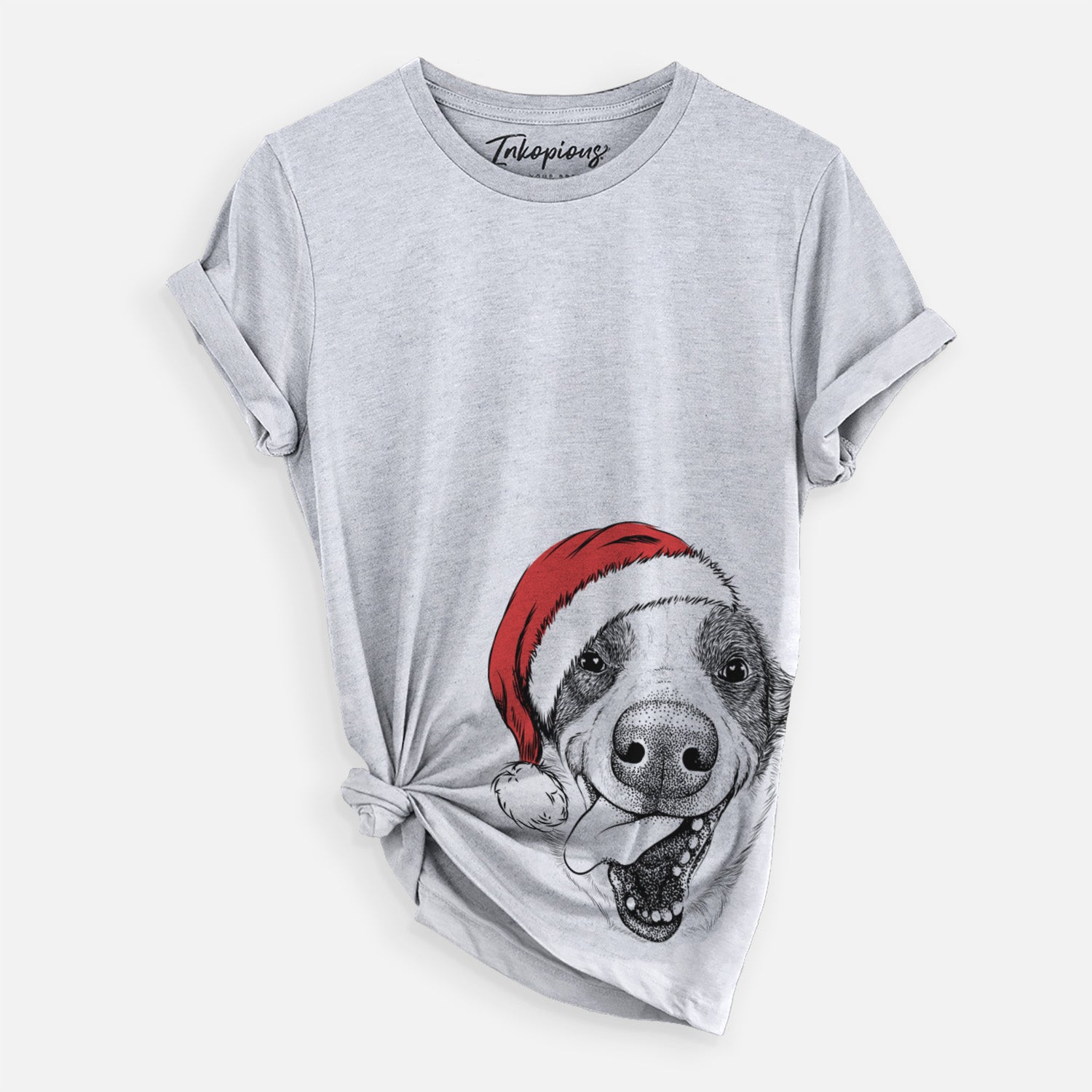 Hand-drawn sketch of Elwood the Border Collie wearing a Santa hat on a Grey Unisex crewneck