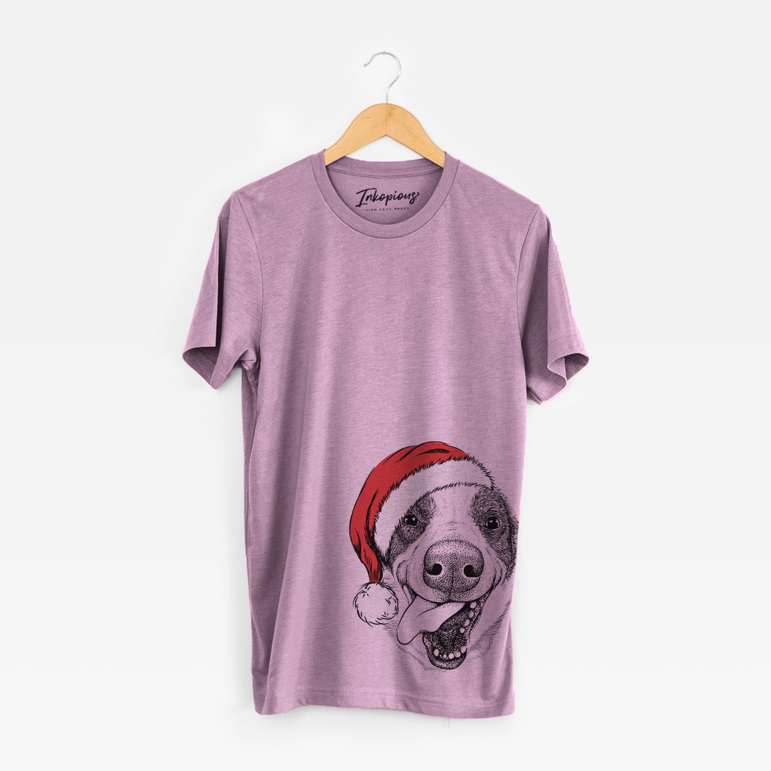 Hand-drawn sketch of Elwood the Border Collie wearing a Santa hat on an Orchid Unisex crewneck