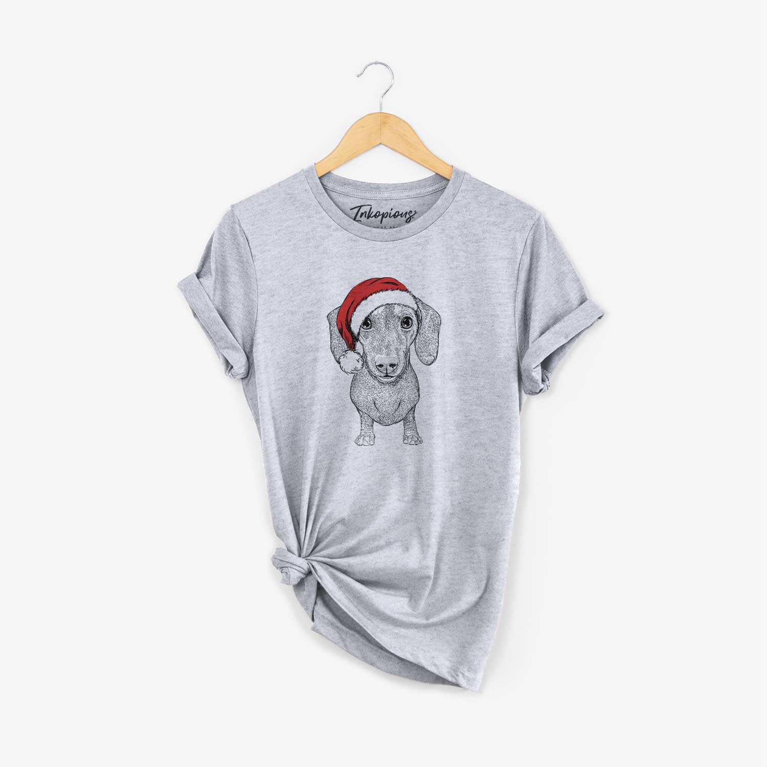 Hand-drawn sketch of Ernie the Mini Dachshund wearing a Santa hat on a Grey Unisex crewneck