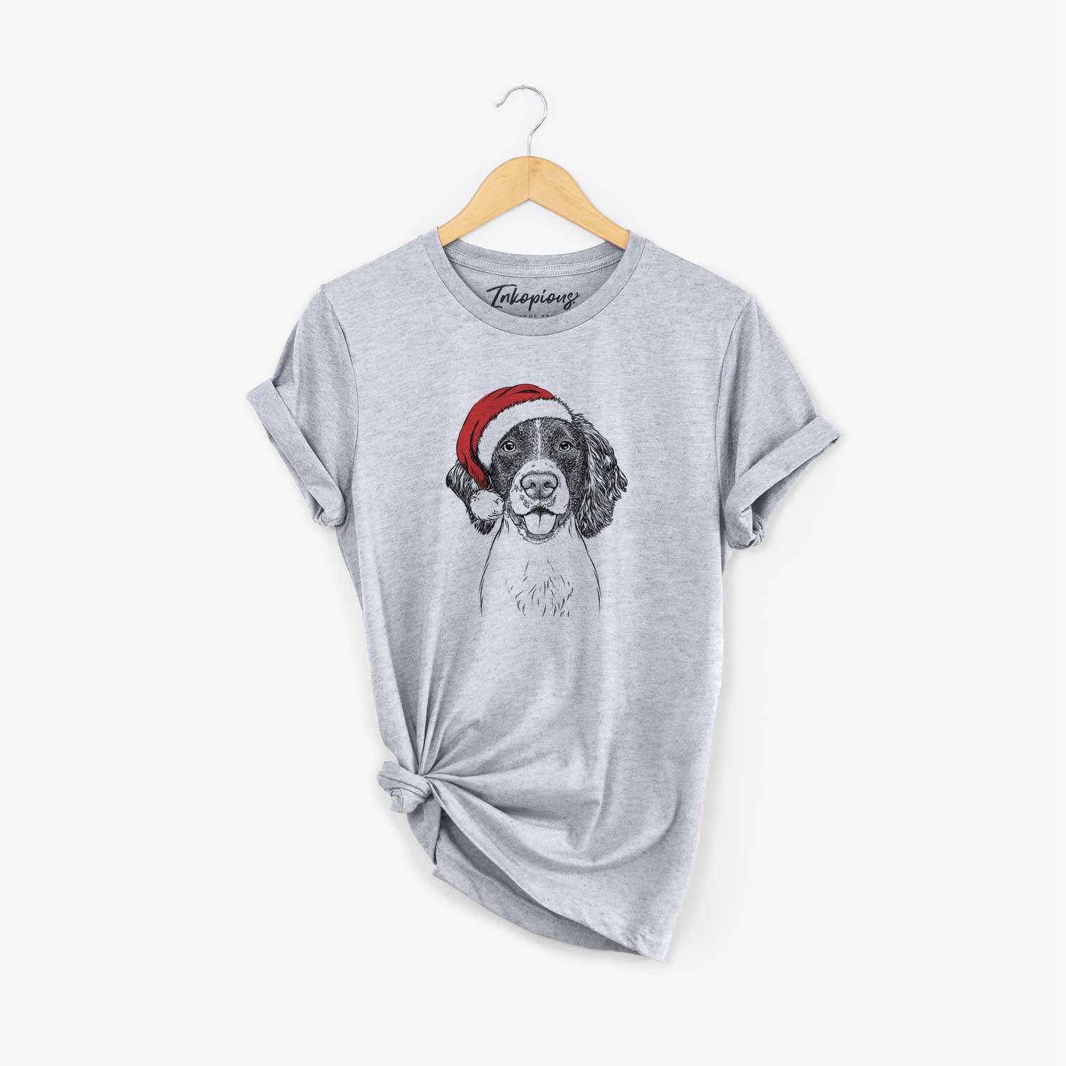 Hand-drawn sketch of Ever the English Springer Spaniel wearing a Santa hat on a Grey Unisex crewneck