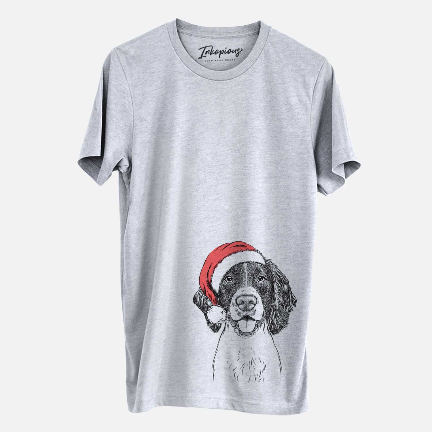Hand-drawn sketch of Ever the English Springer Spaniel wearing a Santa hat on a Grey Unisex crewneck