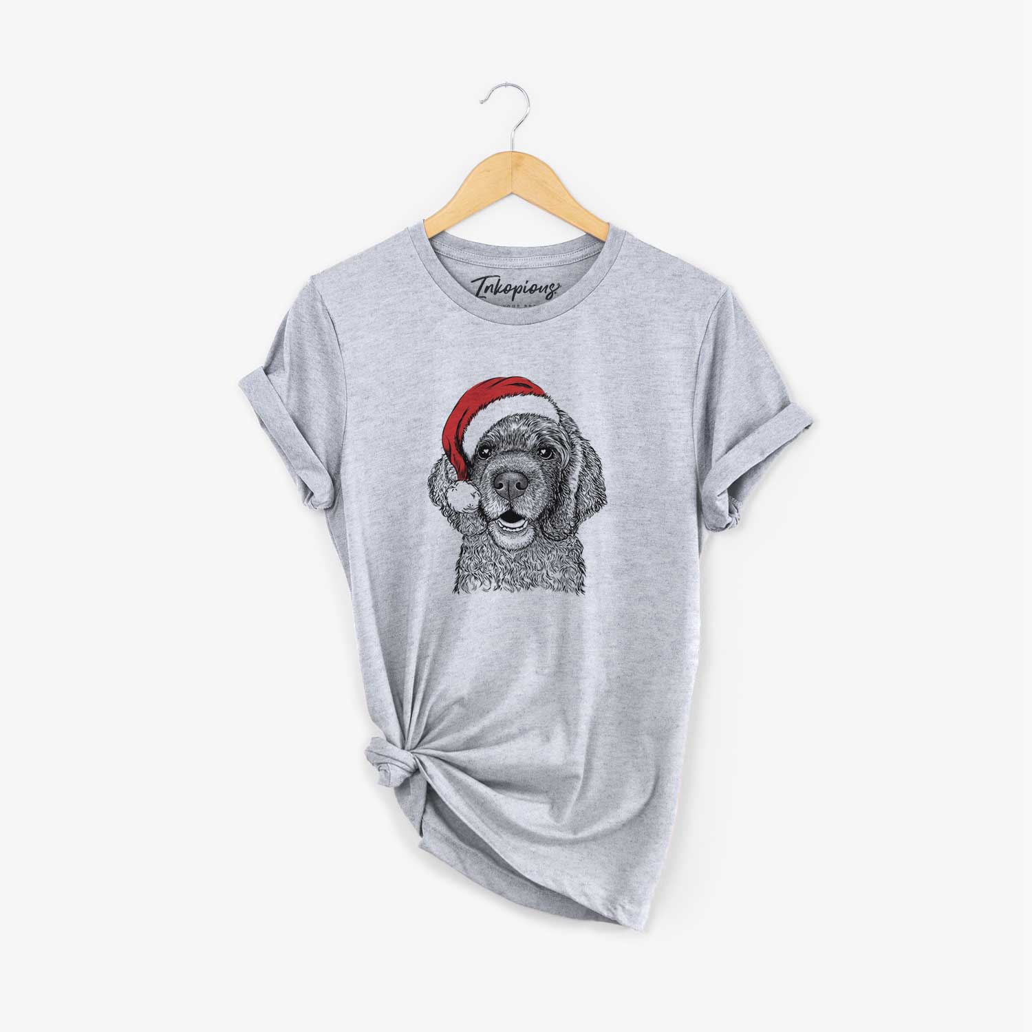 Hand-drawn sketch of Fannie Mae the Cocker Spaniel wearing a Santa hat on a Grey Unisex crewneck