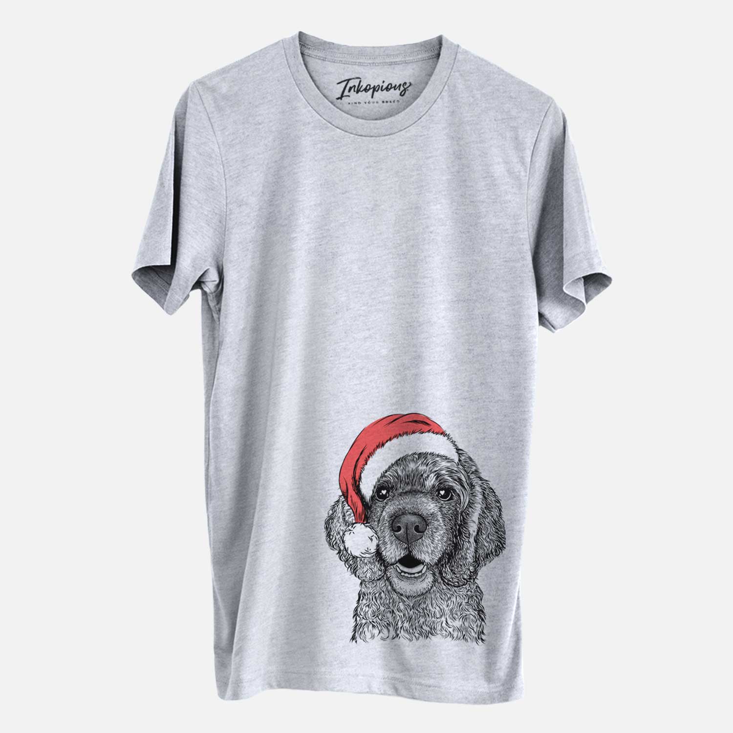 Hand-drawn sketch of Fannie Mae the Cocker Spaniel wearing a Santa hat on a Grey Unisex crewneck