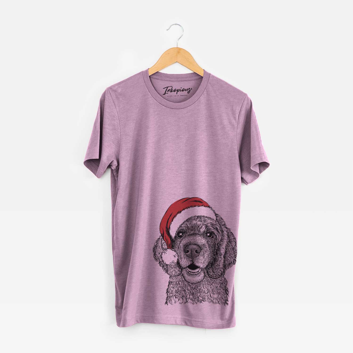 Hand-drawn sketch of Fannie Mae the Cocker Spaniel wearing a Santa hat on an Orchid Unisex crewneck