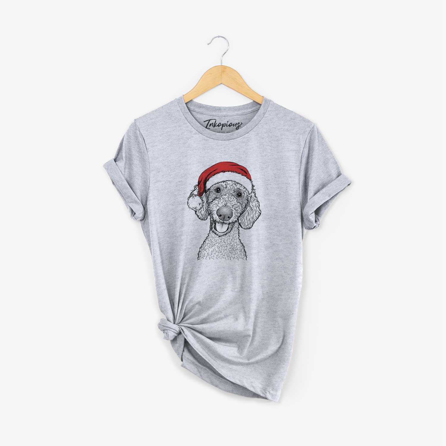 Hand-drawn sketch of Fenway the Goldendoodle wearing a Santa hat on a Grey Unisex crewneck