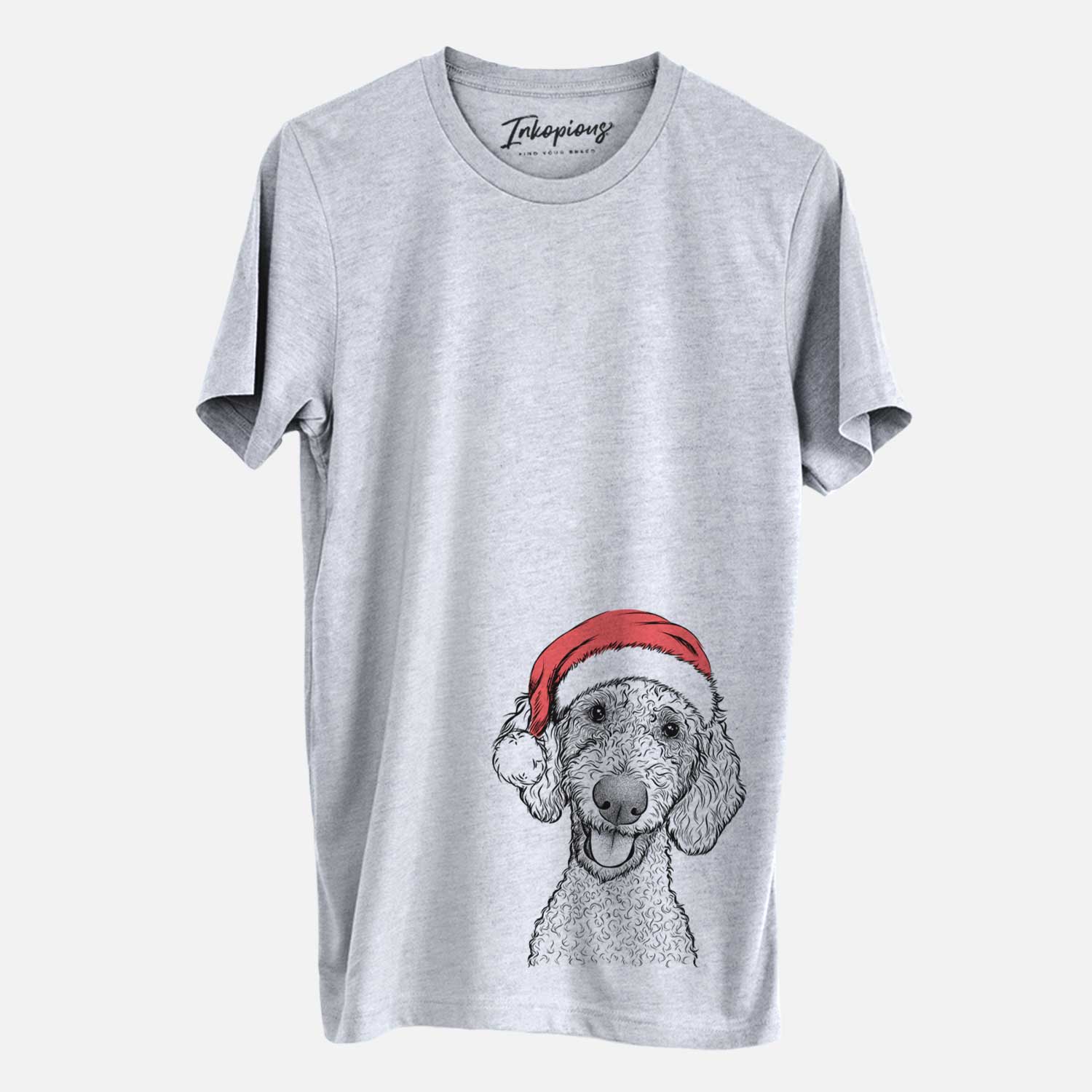 Hand-drawn sketch of Fenway the Goldendoodle wearing a Santa hat on a Grey Unisex crewneck