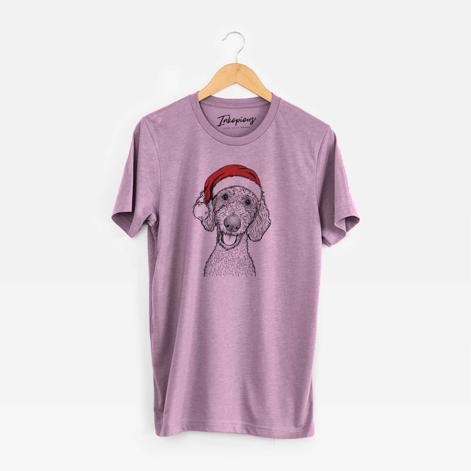 Hand-drawn sketch of Fenway the Goldendoodle wearing a Santa hat on an Orchid Unisex crewneck