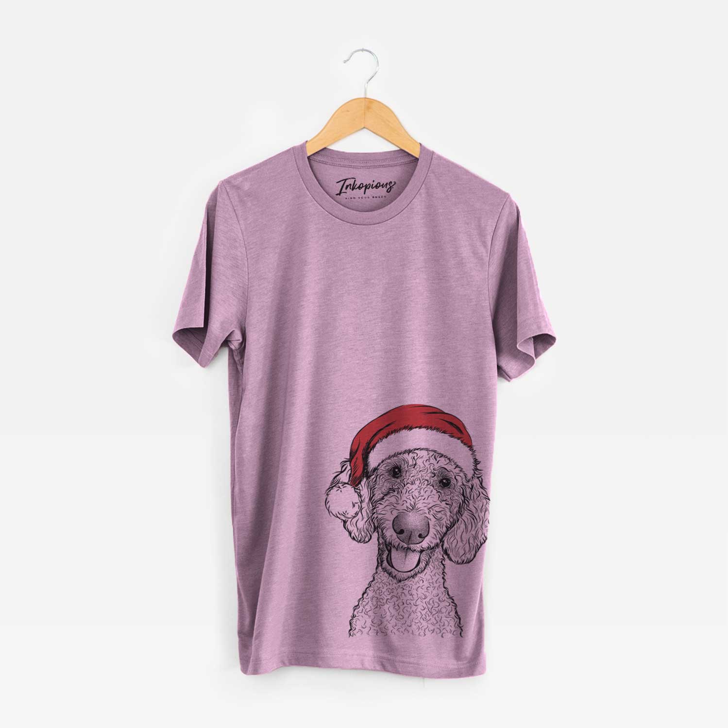 Hand-drawn sketch of Fenway the Goldendoodle wearing a Santa hat on an Orchid Unisex crewneck